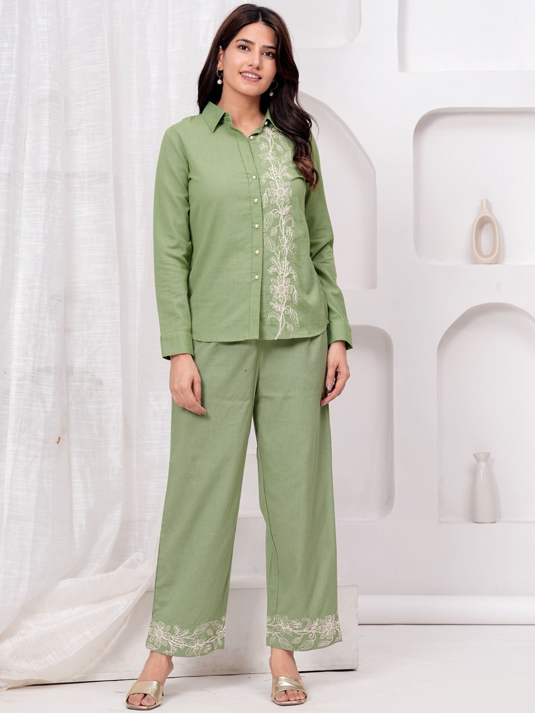 

FREYAA Embroidered Pure Cotton Shirt & Trousers Co-Ords, Green