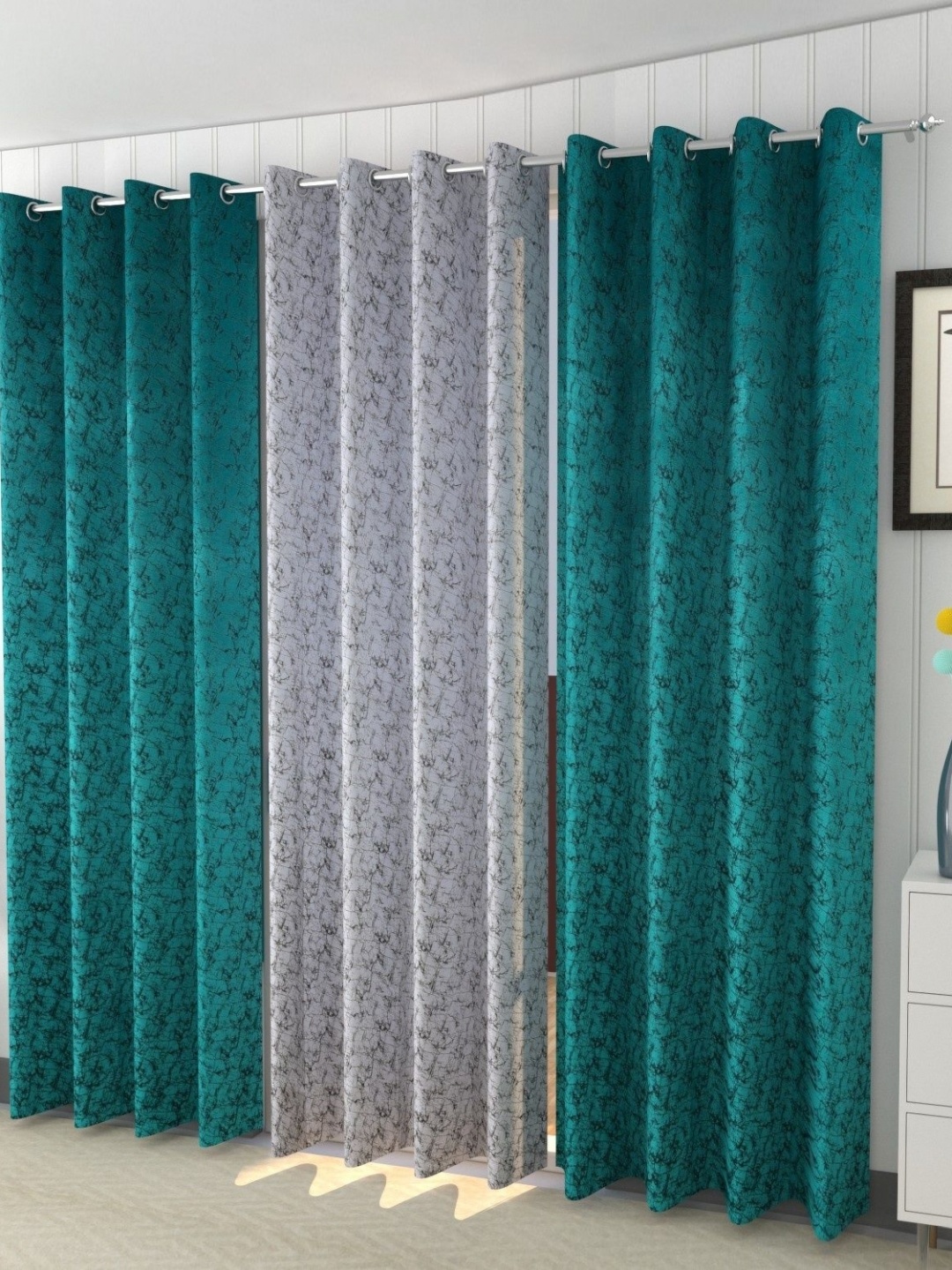 

Galaxy Home Decor Green & Silver-Toned 3 Pieces Abstract Printed Velvet Long Door Curtains