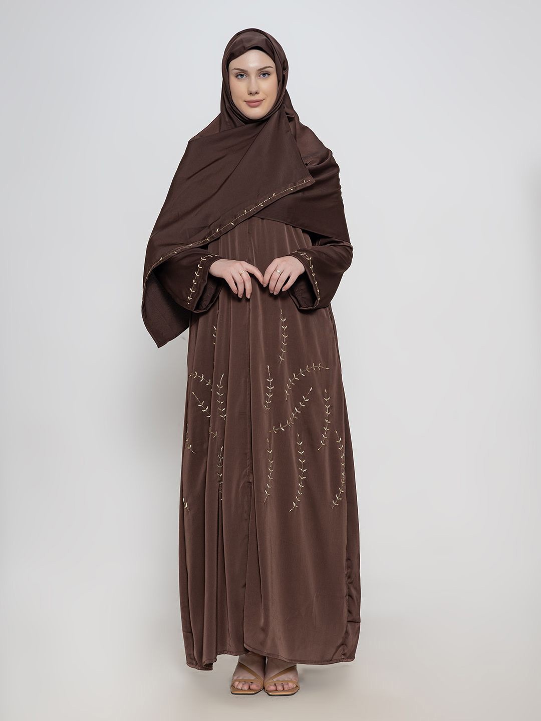 

SANASH Collections Embroidered Abaya With Scarf, Brown