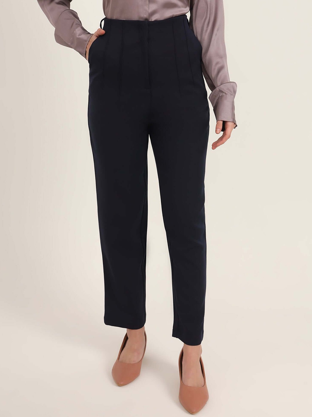 

AMSWAN Women Relaxed Slim Fit High-Rise Pleated Trousers, Navy blue