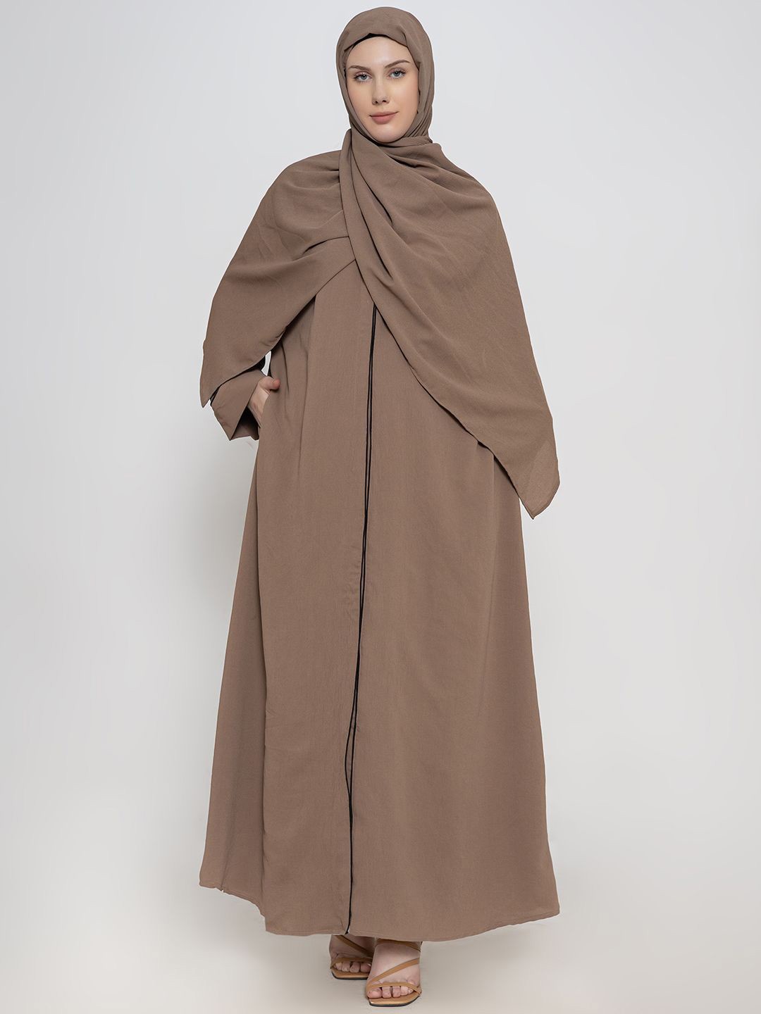 

SANASH Collections Women V-Neck Front Open Abaya With Scarf, Camel brown