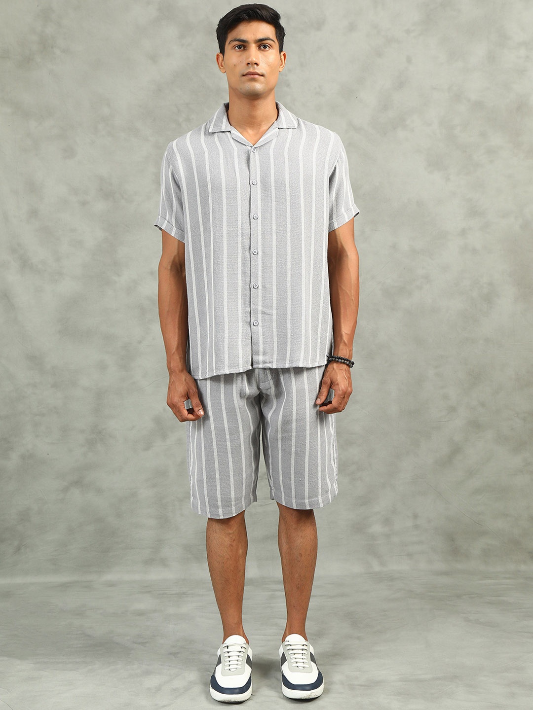 

beevee Striped Pure Cotton Shirt With Shorts Co-Ords, Grey