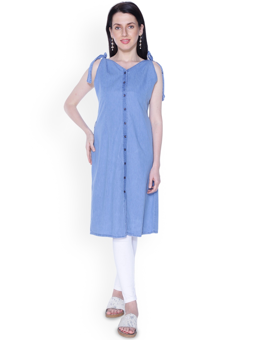 

CEFALU Women Floral Halter Neck Thread Work Denim Kurta, Blue
