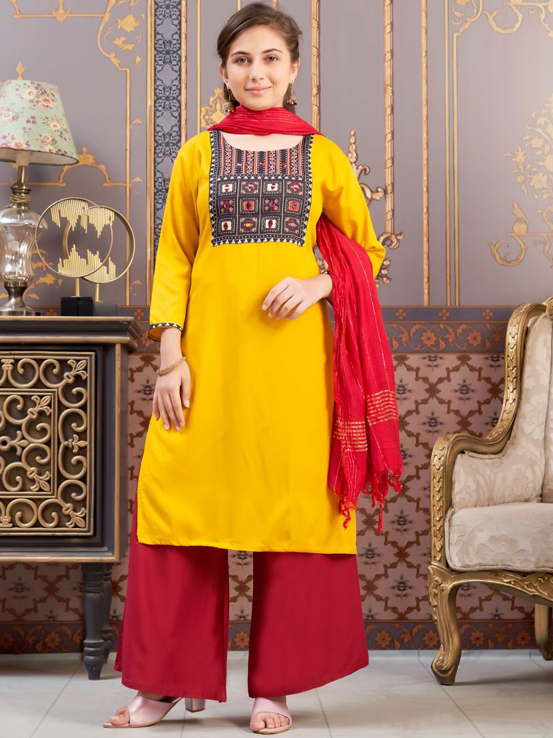 

BAESD Girls Ethnic Motifs Printed Thread Work Kurta, Yellow