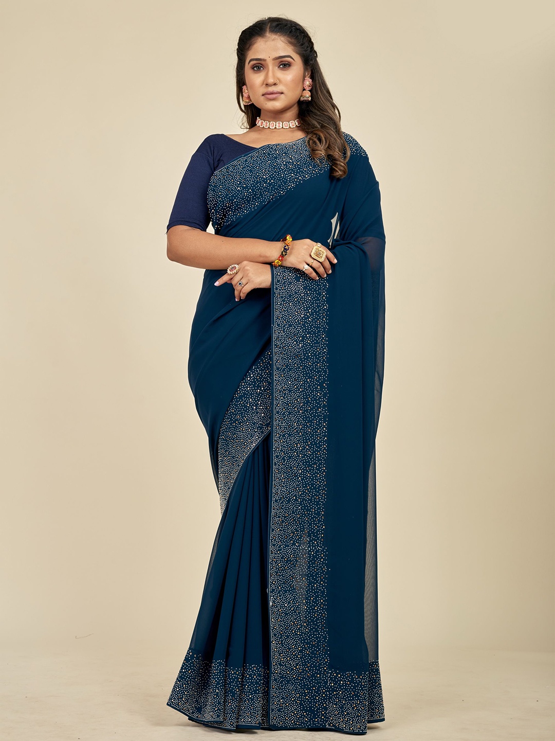 

MAHALASA Beads and Stones Pure Georgette Saree, Teal