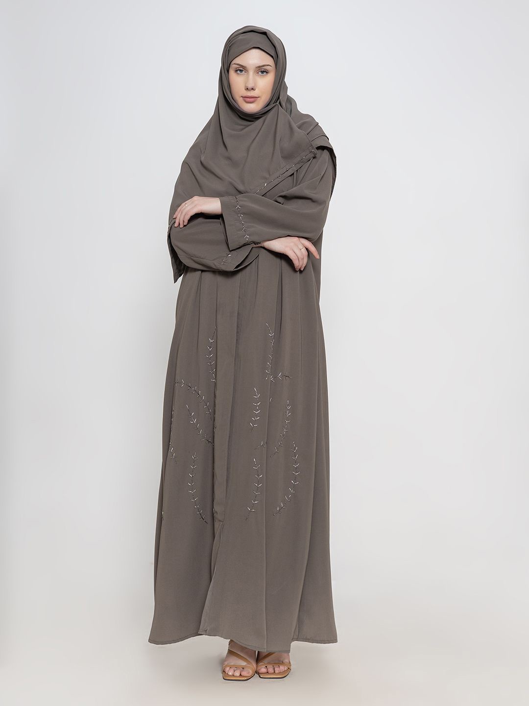

SANASH Collections Women Embroidered Abaya With Scarf, Taupe