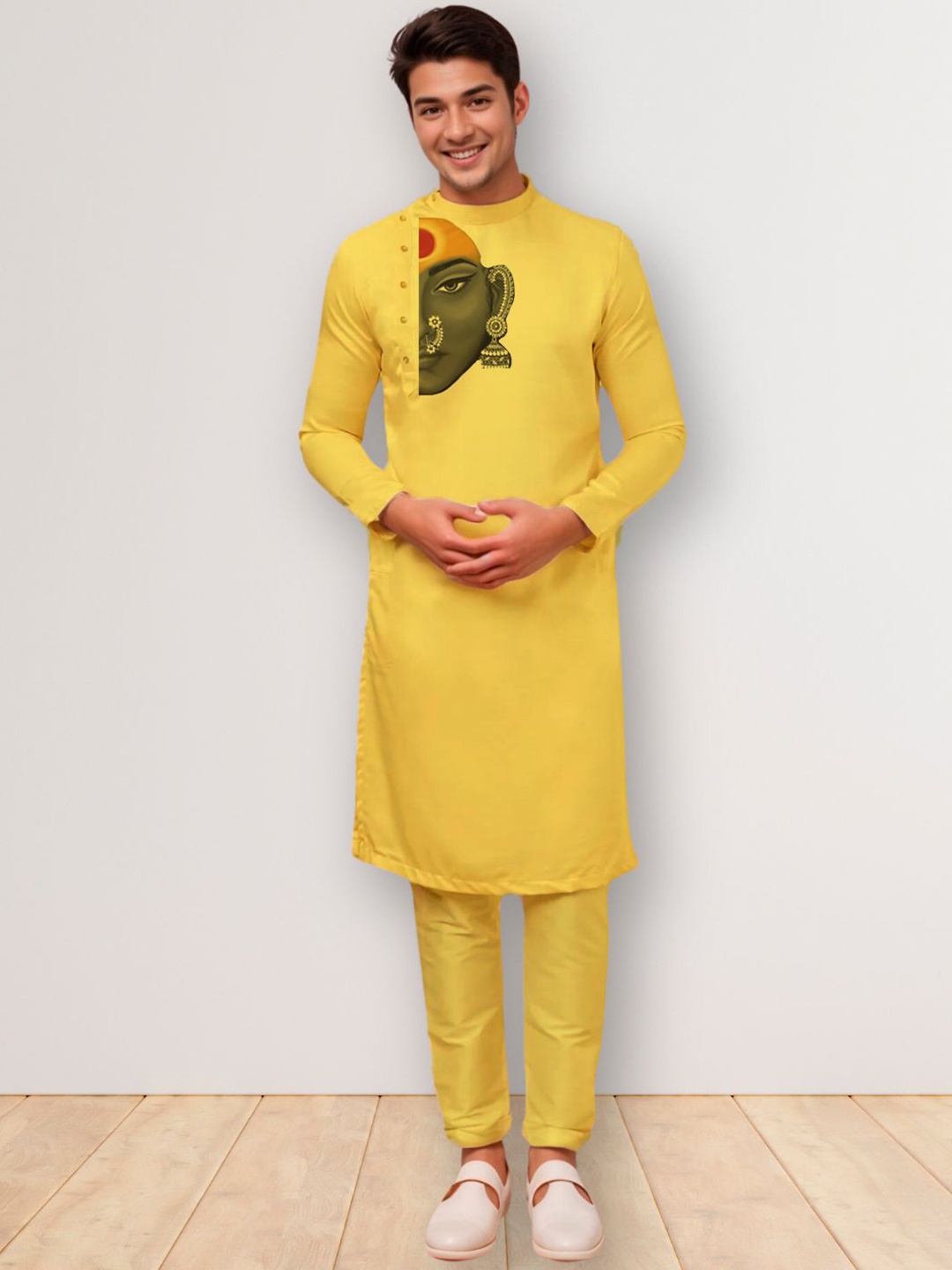 

DEVOILER Men Ethnic Motifs Printed Thread Work Kurta, Mustard