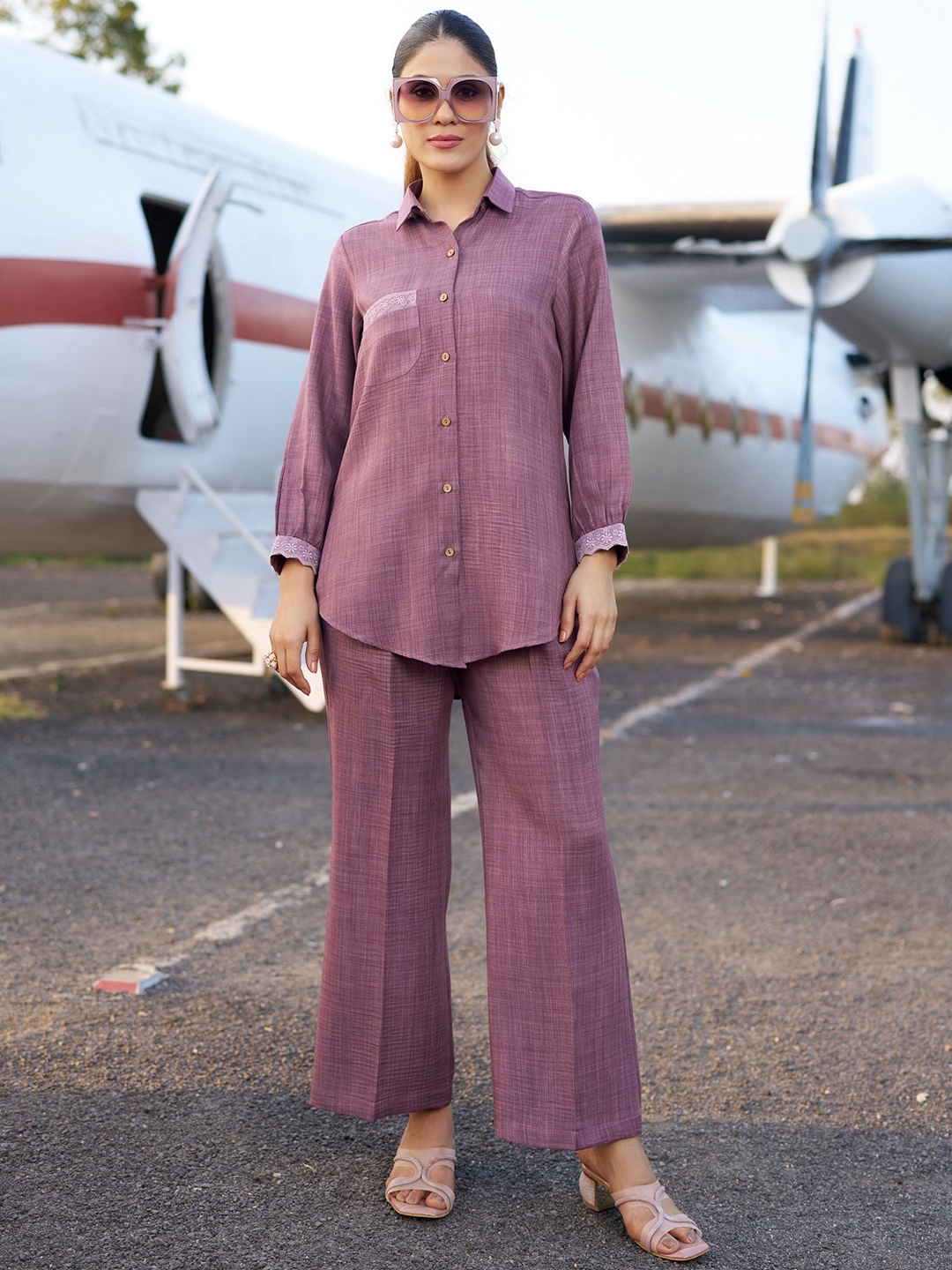 

Moda Rapido Shirt Collar Pure Silk Shirt With Palazzos, Pink
