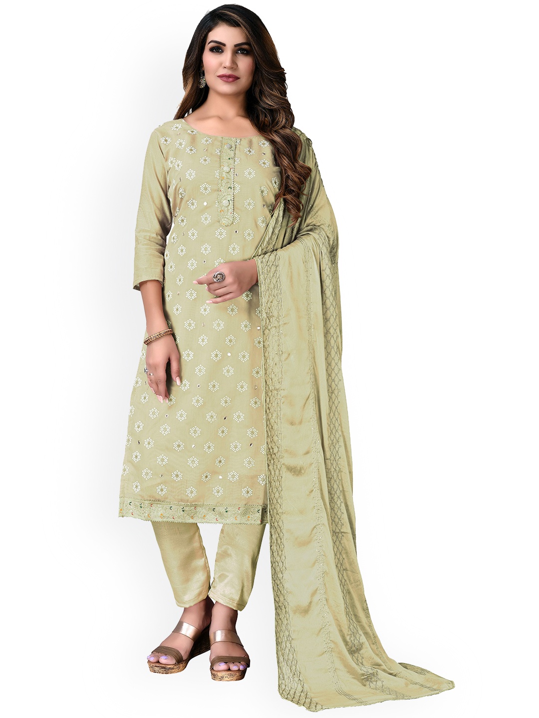 

HERE&NOW Embellished Unstitched Dress Material, Lime green