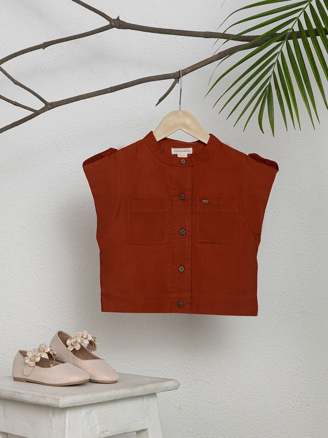 

Purple United Girls Mandarin Collar Extended Sleeves Cotton Top, Rust