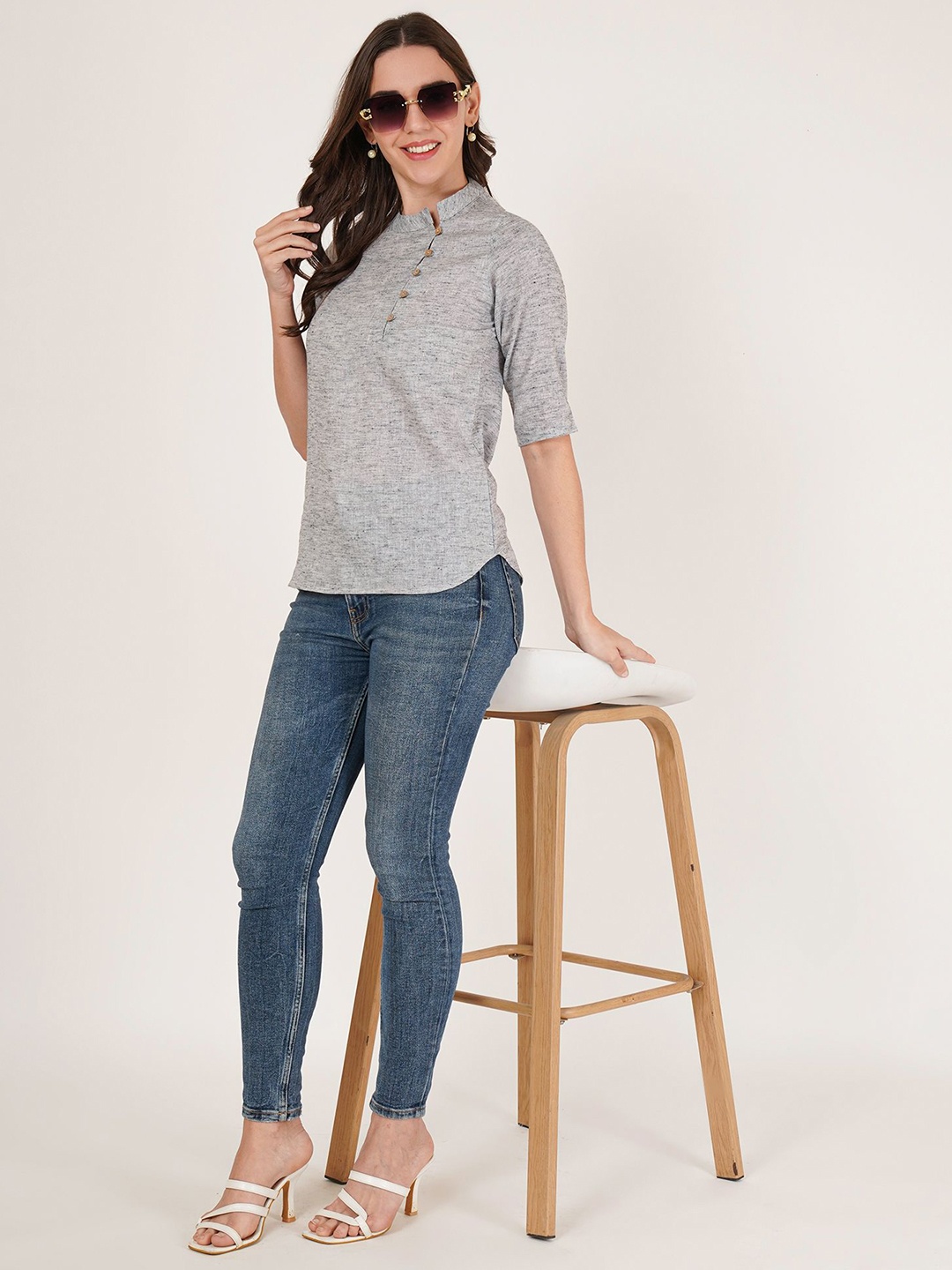 

Brownverse Polka Dot Mandarin Collar Cotton Top, Grey
