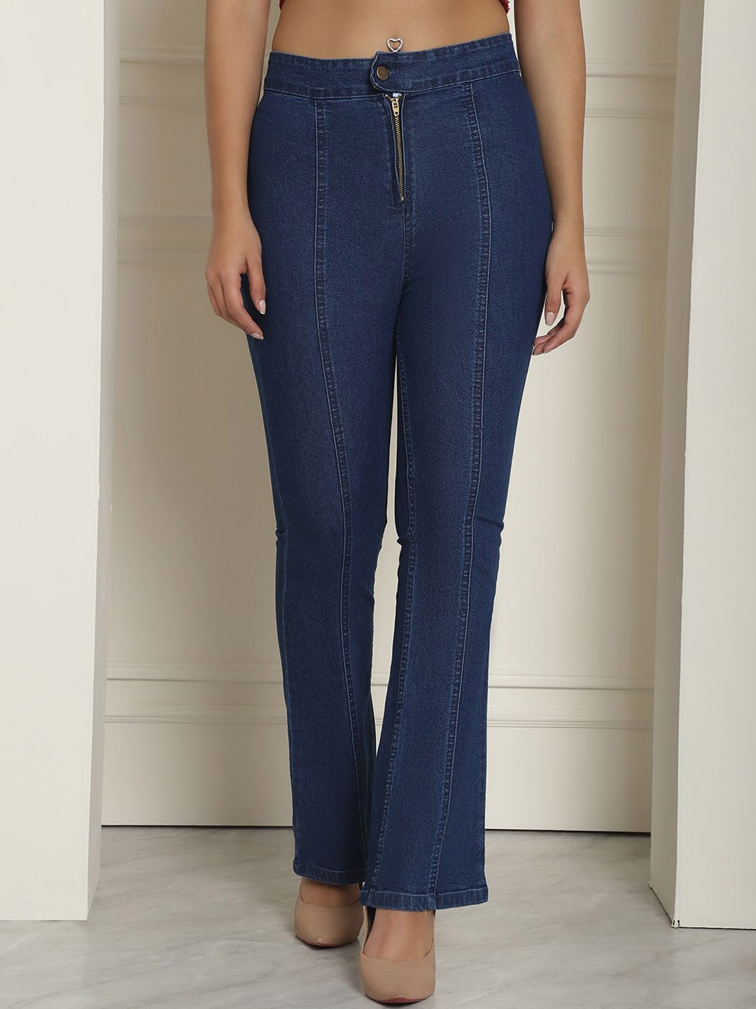 

JAKANARY Women Faded Relaxed High-Rise Easy Wash Pleated Trousers, Blue