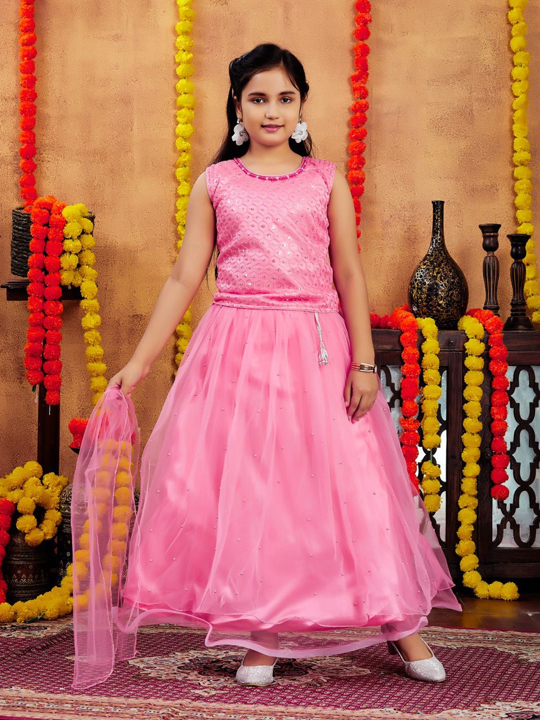 

BAESD Girls Embroidered Beads and Stones Ready to Wear Lehenga & Blouse With Dupatta, Pink