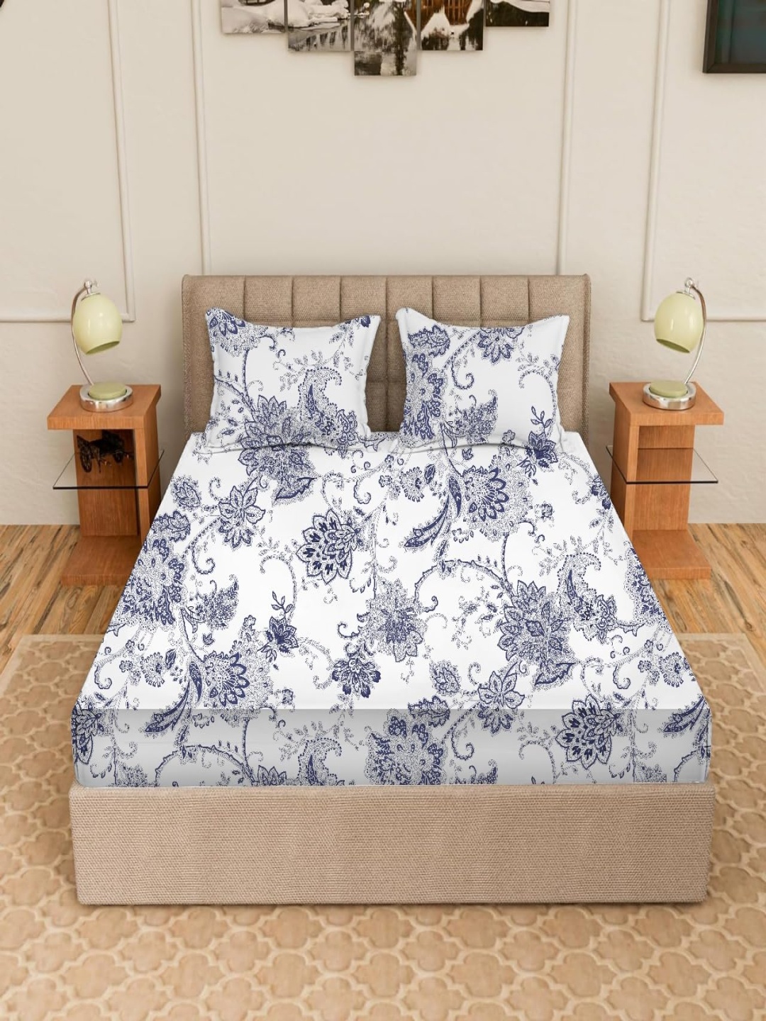 

Trance Home Linen Premium Cotton Printed 180TC Queen Fitted Bedsheet with 2 Pillow Covers, Blue
