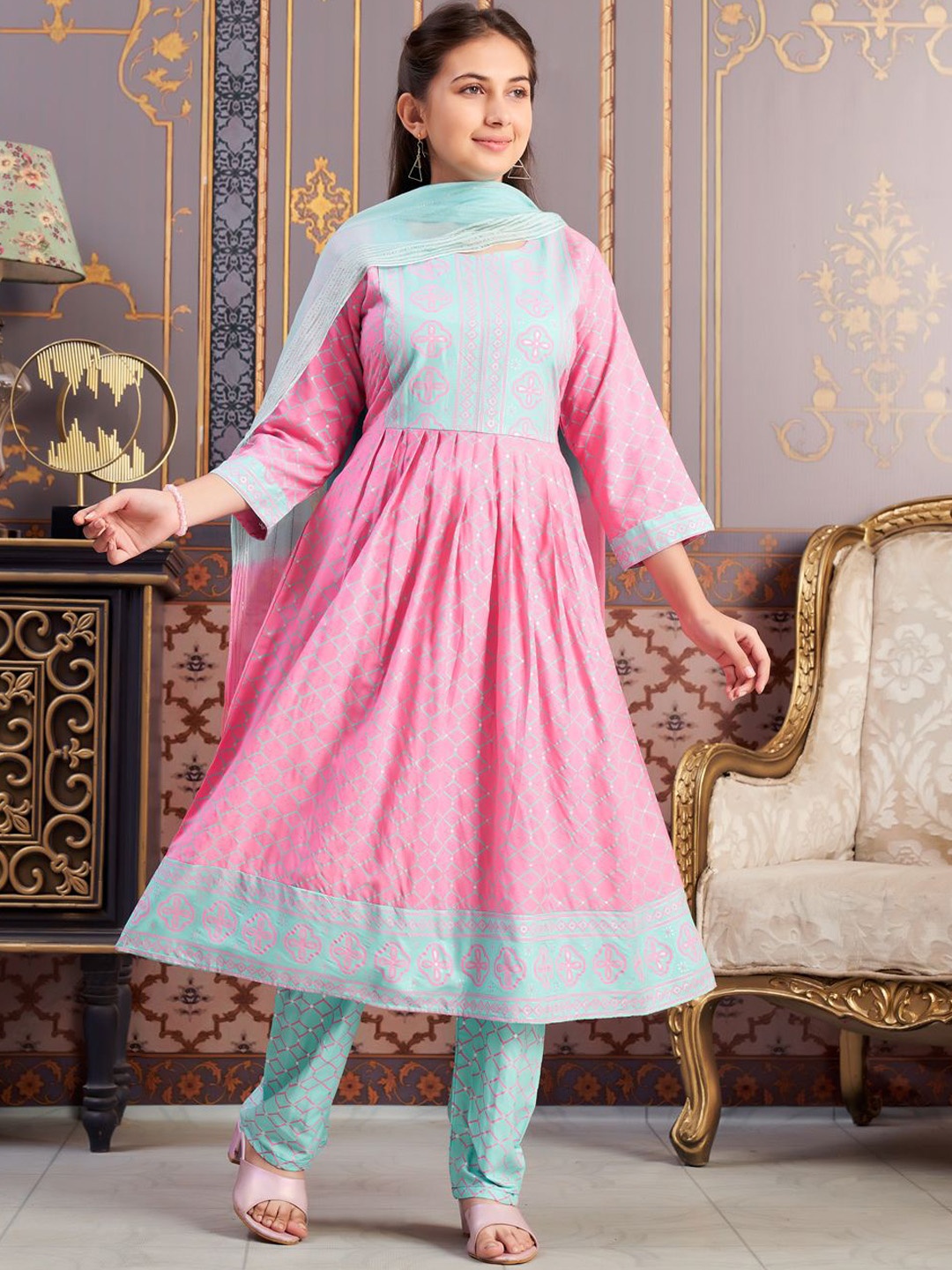 

BAESD Girls Ethnic Motifs Printed Sequinned Anarkali Kurta, Pink