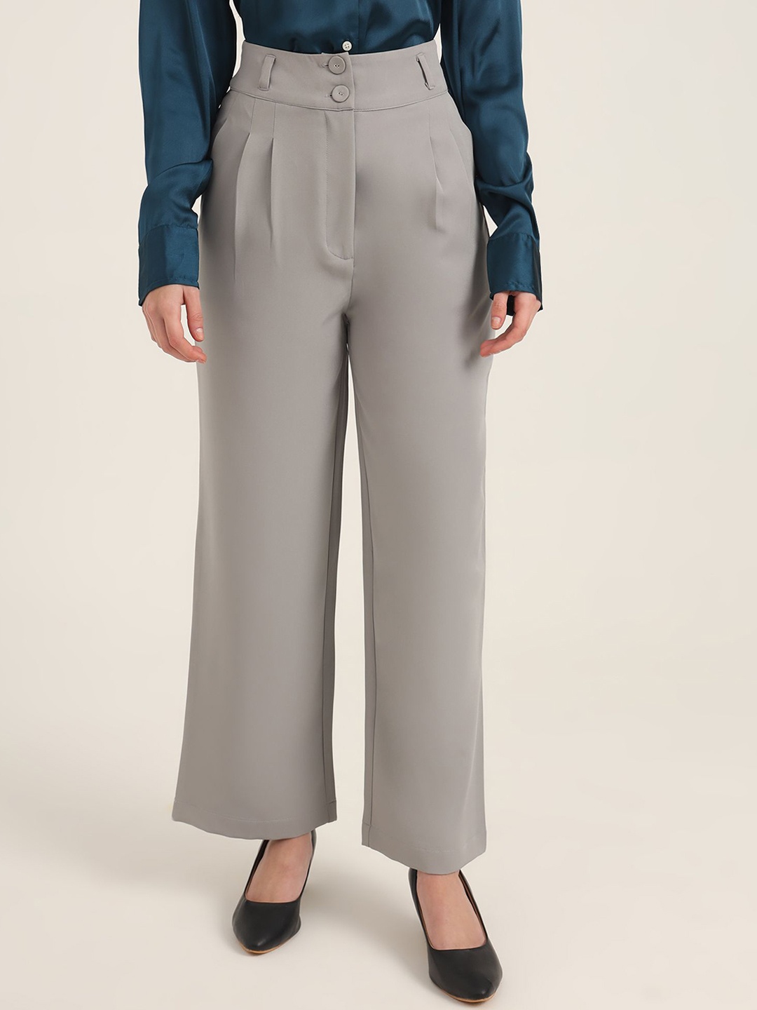 

AMSWAN Women Relaxed Straight Fit High-Rise Pleated Trousers, Grey