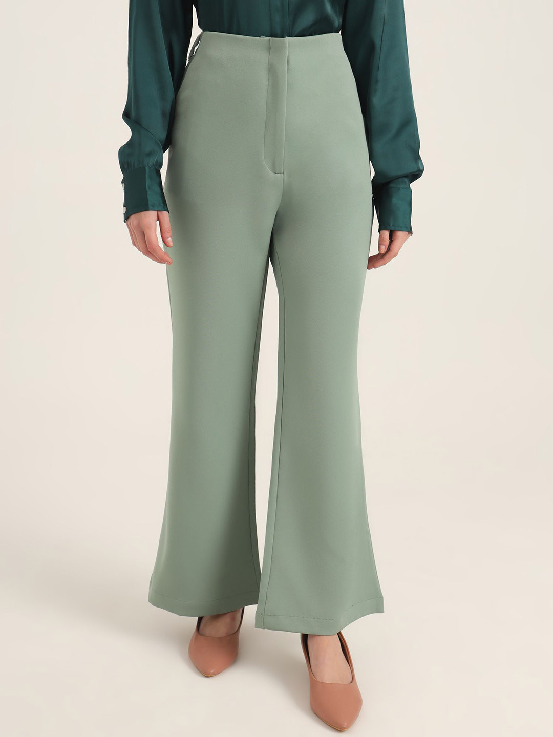 

AMSWAN Women Smart Flared High-Rise Trousers, Sea green