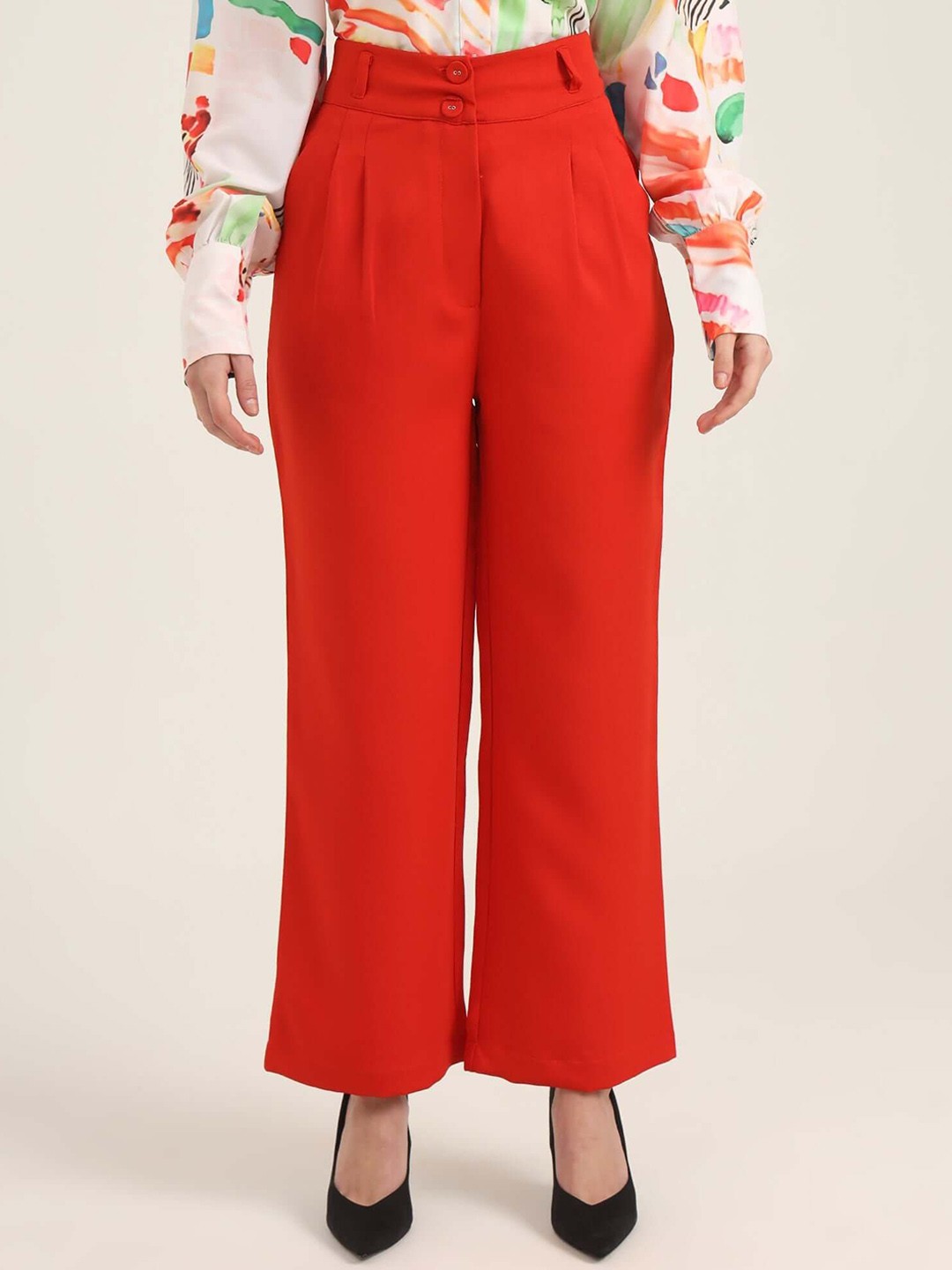 

AMSWAN Women Relaxed Straight Fit High-Rise Pleated Trousers, Red