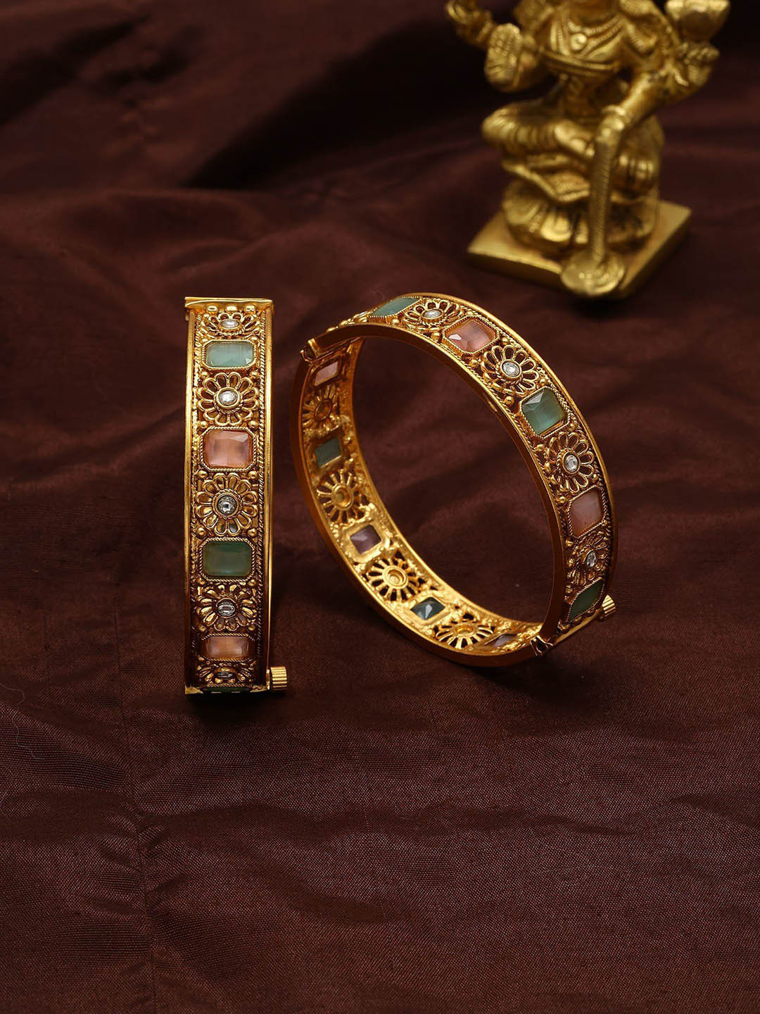 

Exotic India Set Of 2 Gold-Plated Pink & Green Stone Studded Openable Bangles In Copper