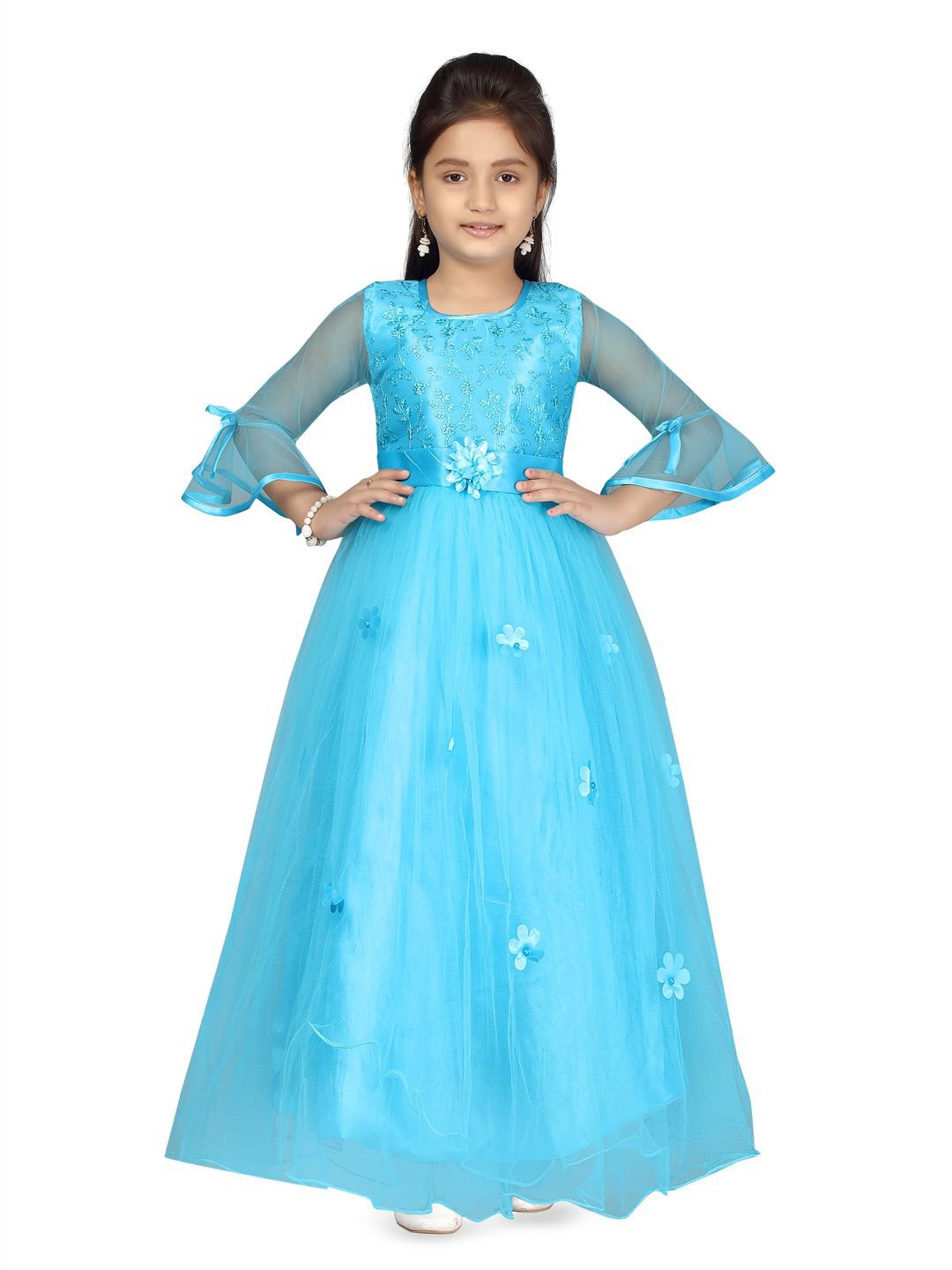 

GLOBAL NOMAD Embellished Bell Sleeve Net Fit & Flare Maxi Dress, Turquoise blue