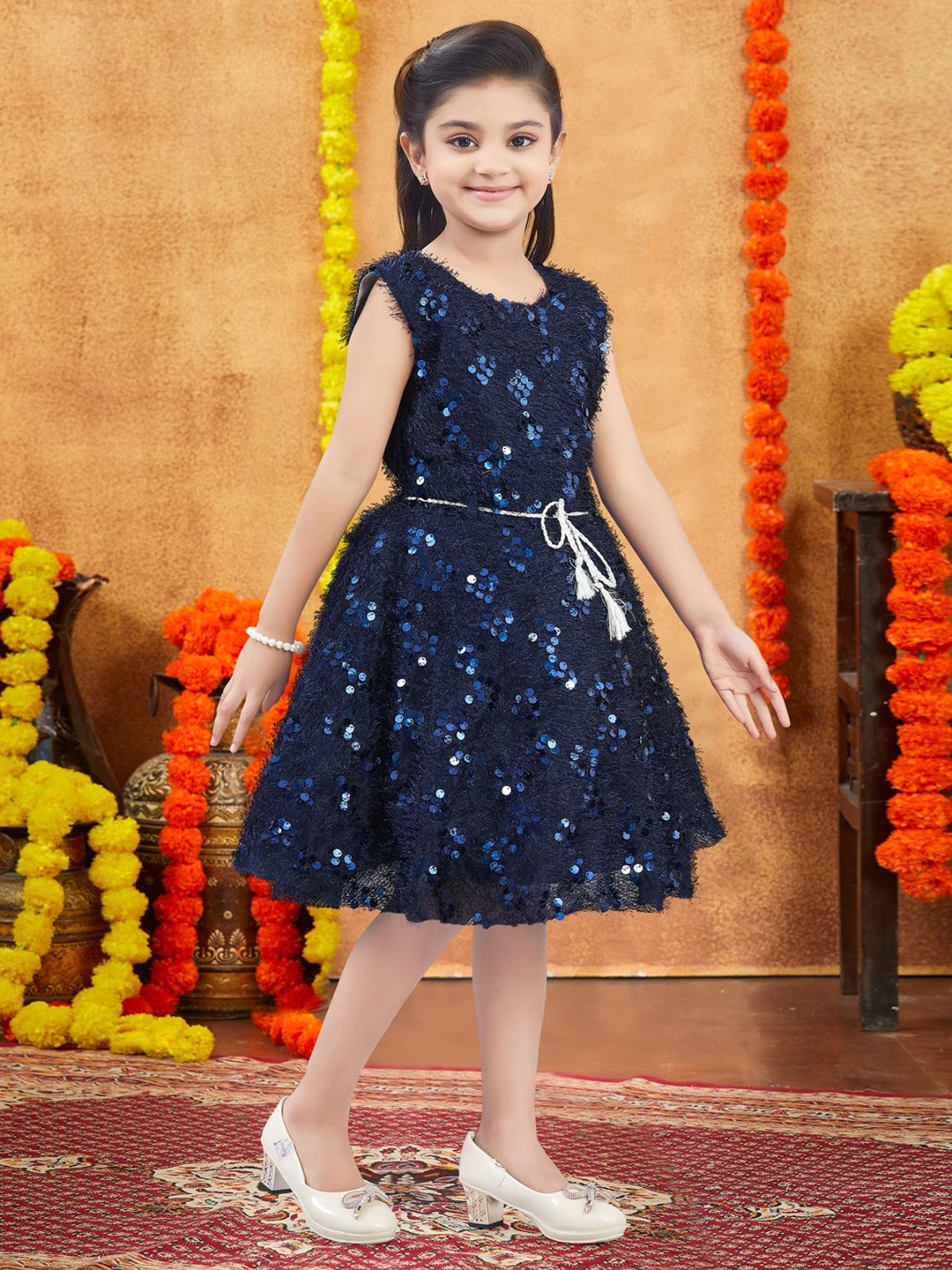

GLOBAL NOMAD Print Woollen A-Line Dress, Navy blue