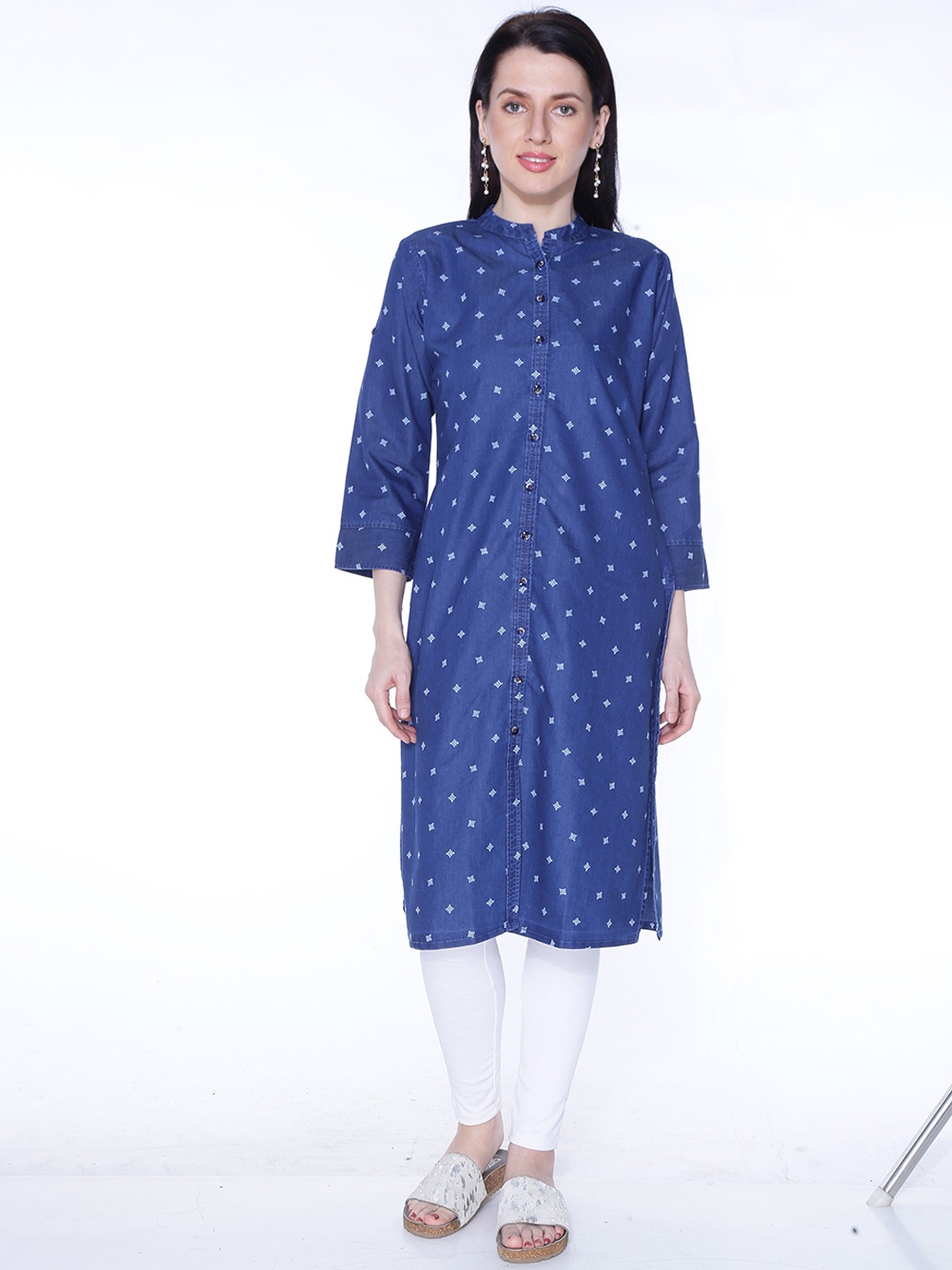 

CEFALU Women Geometric Printed Denim Kurta, Blue