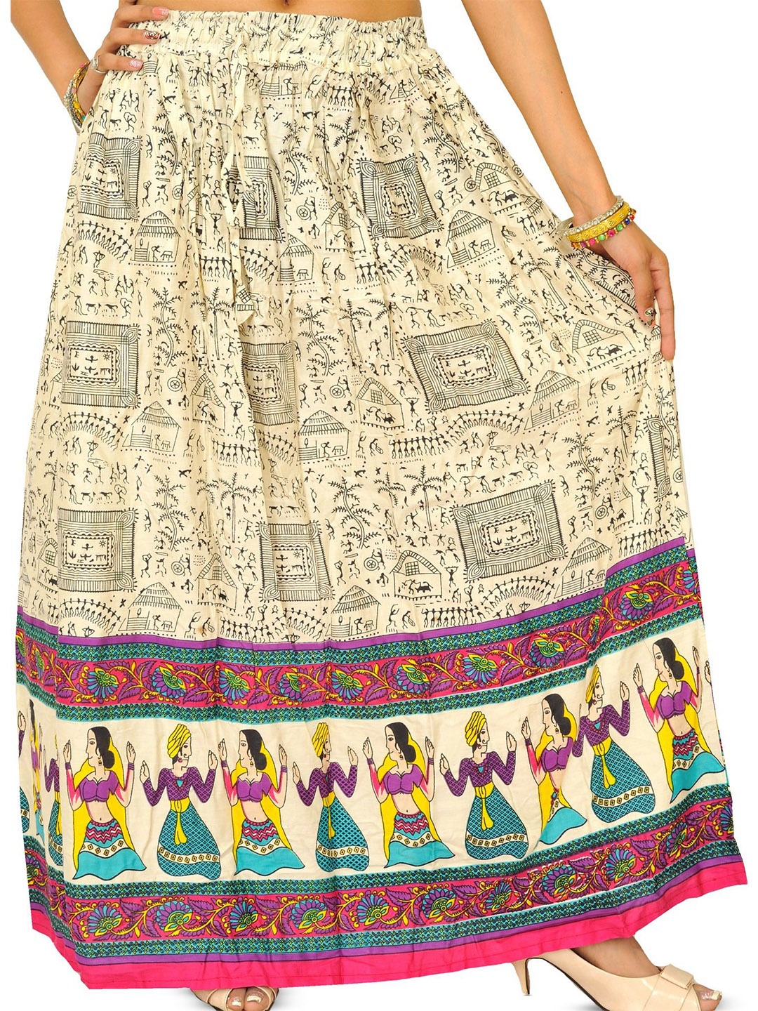 

Exotic India Off-White Warli Folk Printed Rayon Long Skirt With Dancing Couples