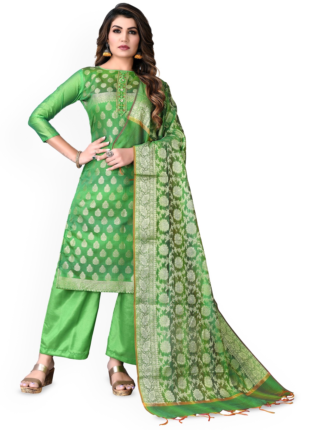 

HERE&NOW Embellished Unstitched Dress Material, Green