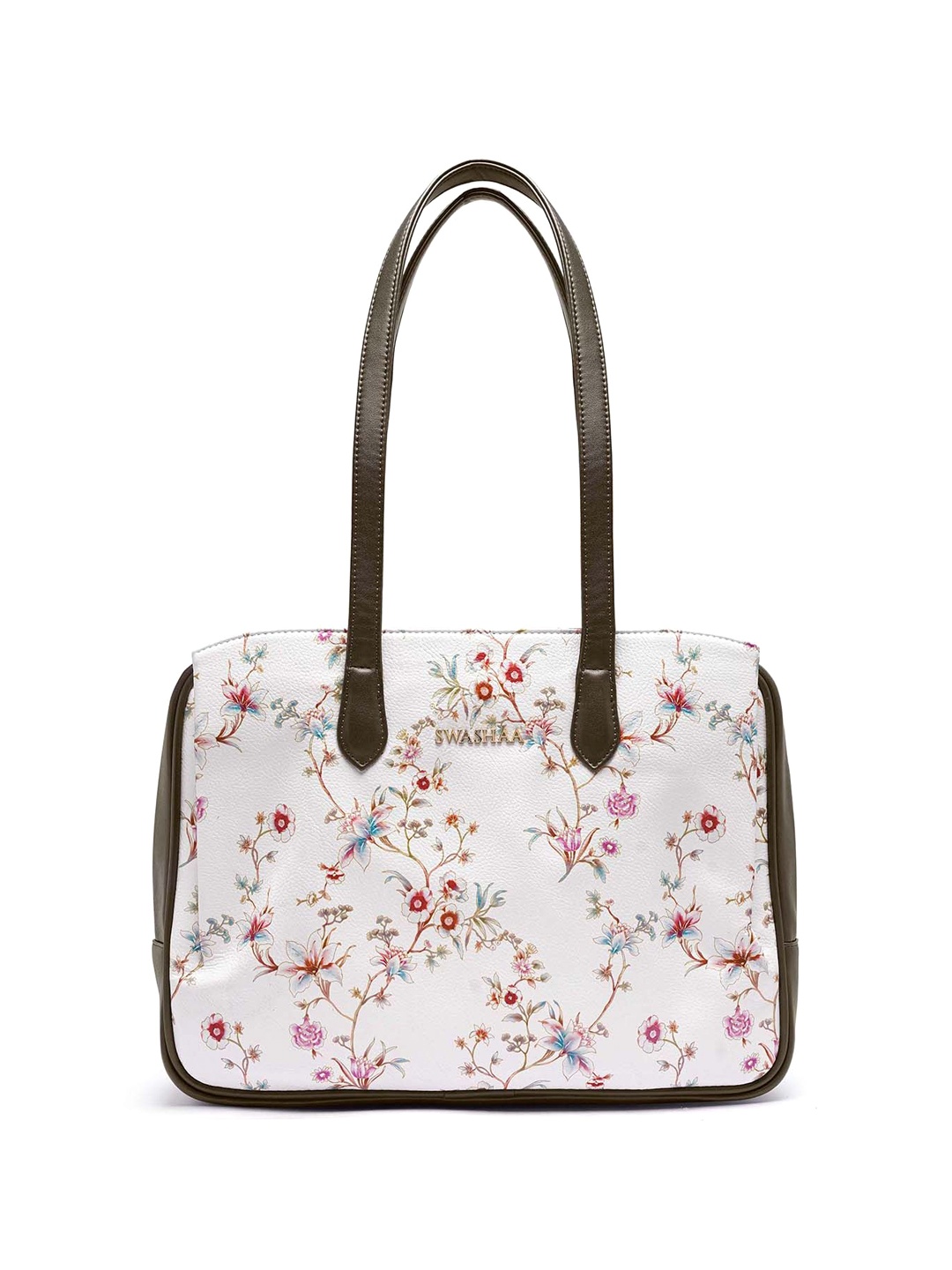 

SWASHAA Floral Printed Leather Structured Tote Bag, White