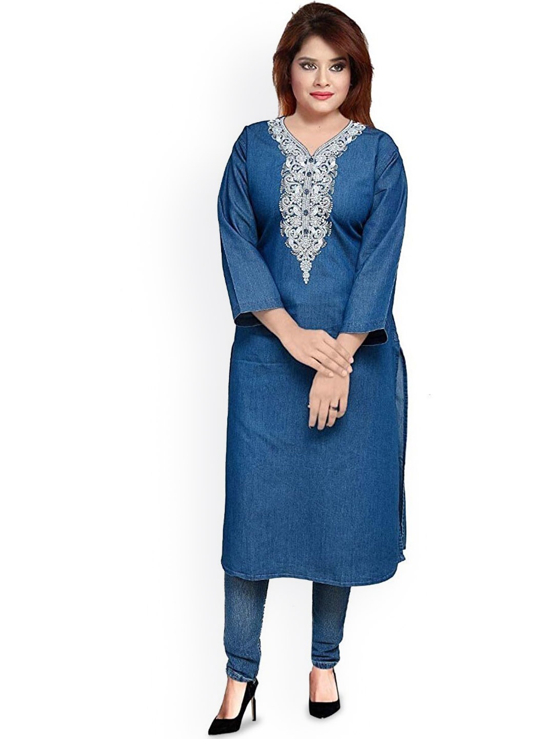

CEFALU Women Floral Embroidered Thread Work Denim Kurta, Blue