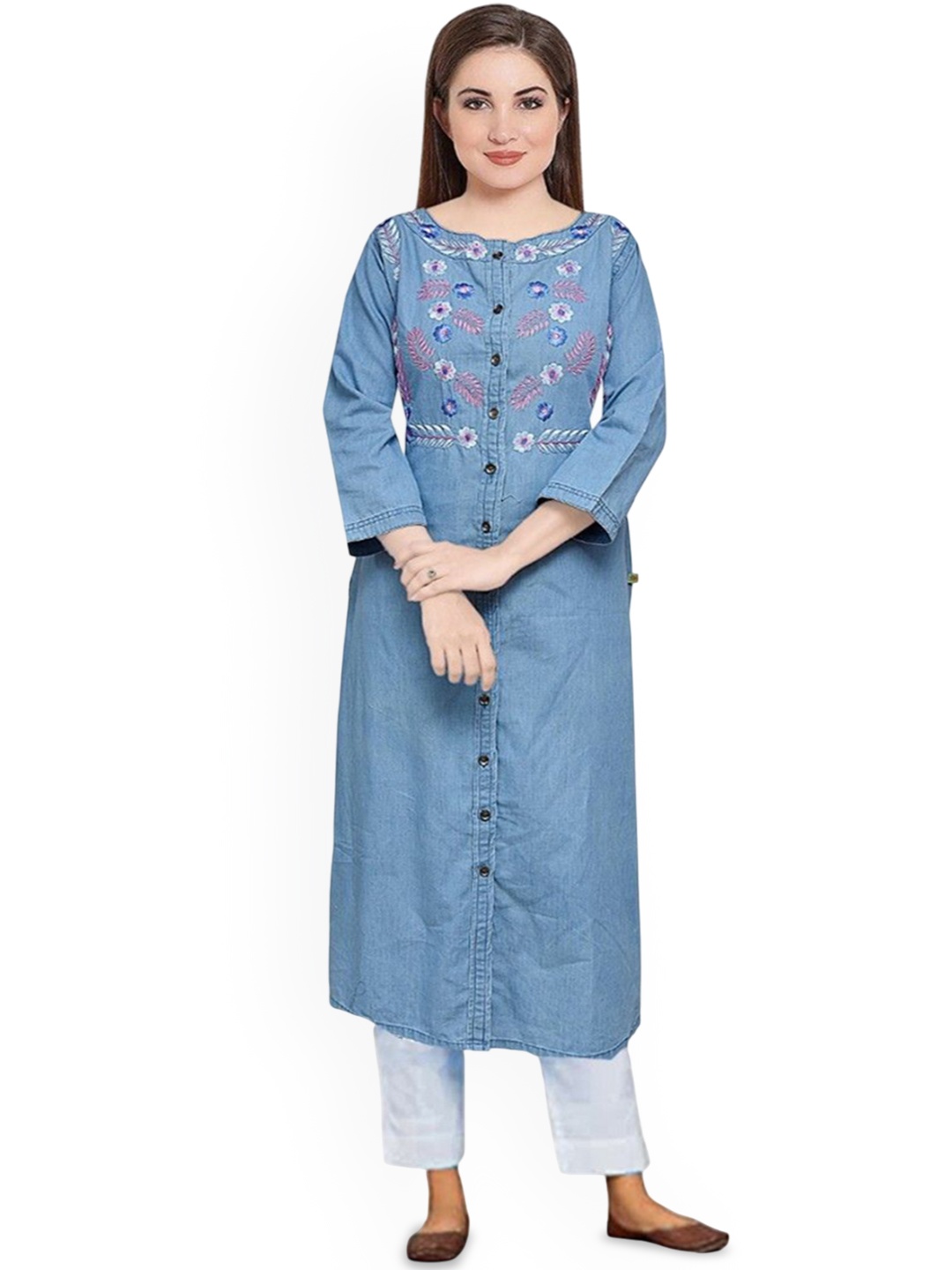 

CEFALU Women Floral Embroidered Thread Work Denim Kurta, Blue