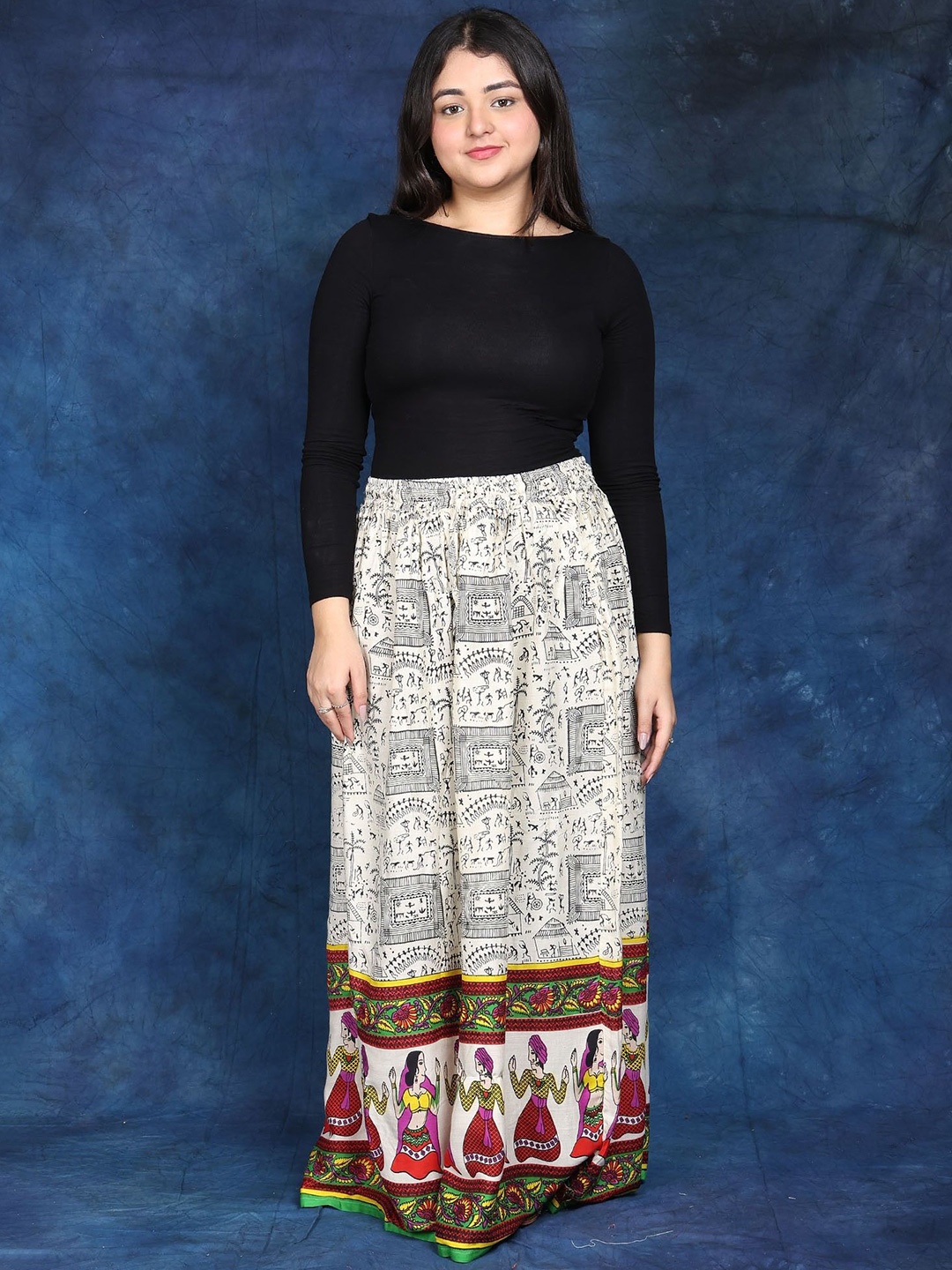 

Exotic India Off-White Warli Folk Printed Rayon Long Skirt With Dancing Couples