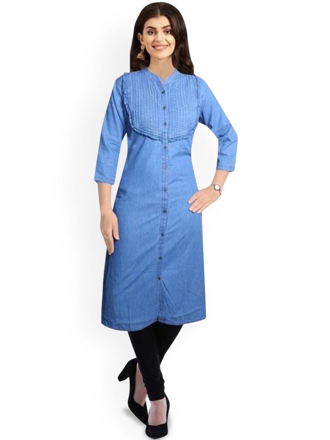 

CEFALU Women Floral Sequinned Denim Kurta, Blue