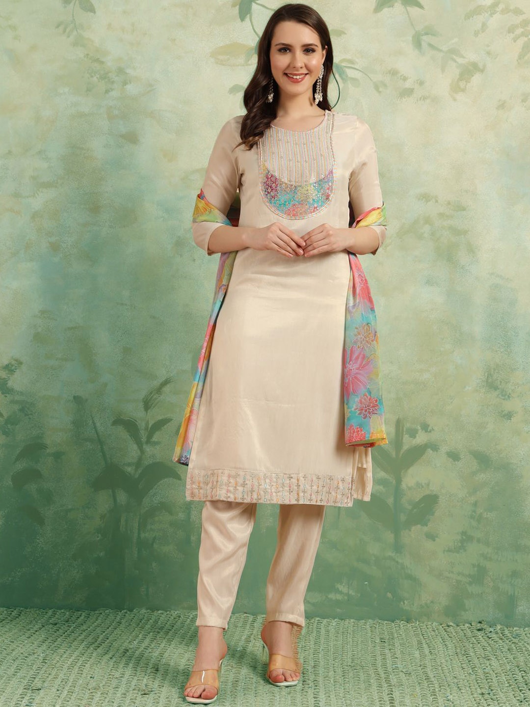 

TOOCHKI Women Embroidered Regular Thread Work Pure Silk Kurta with Trousers & With Dupatta, Cream
