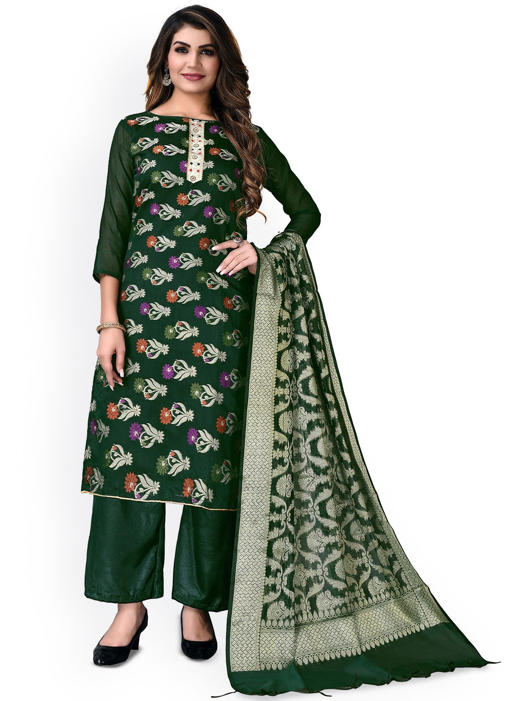 

HERE&NOW Embellished Unstitched Dress Material, Green
