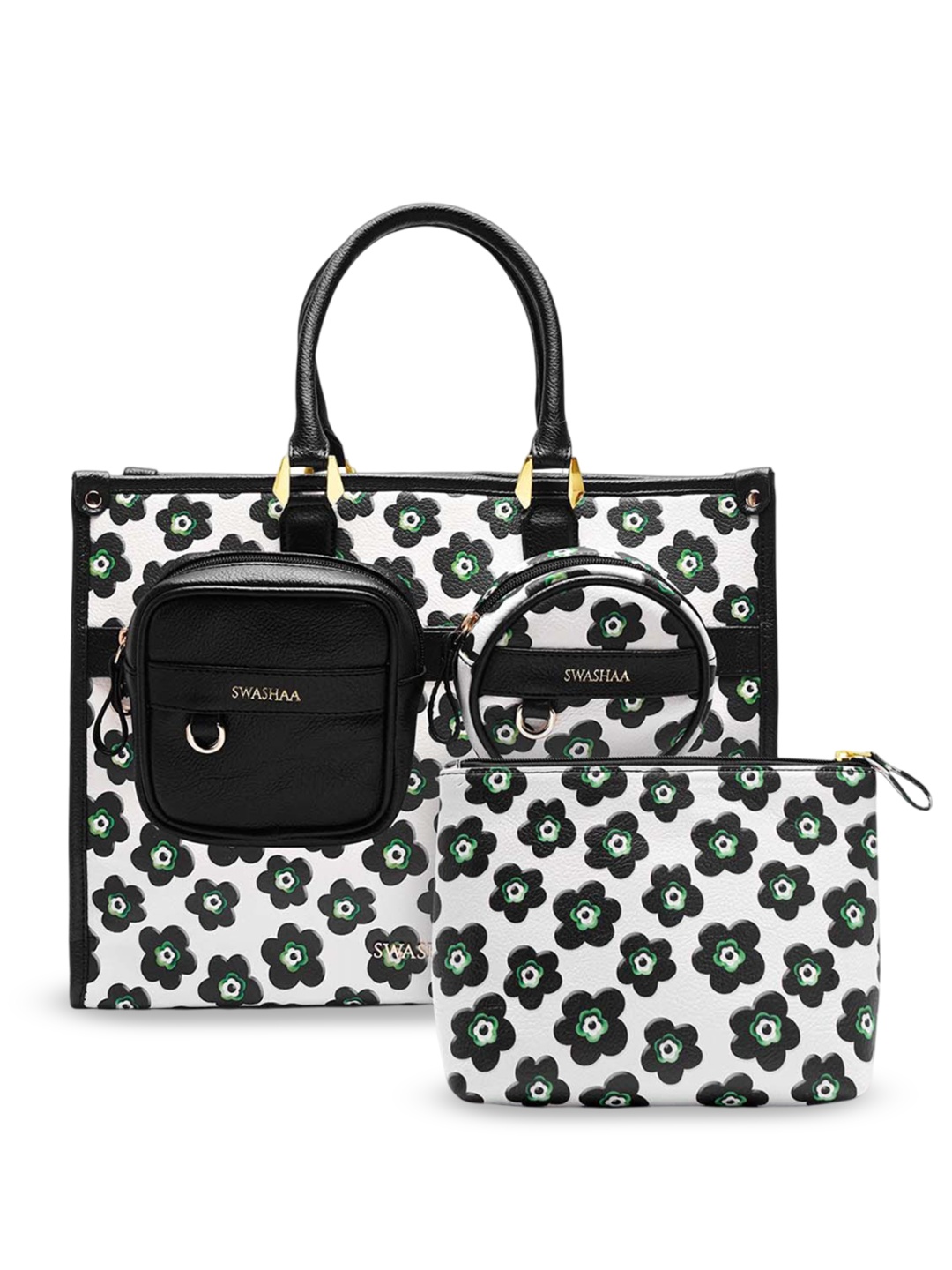 

SWASHAA Floral Printed Leather Shopper Tote Bag, Black