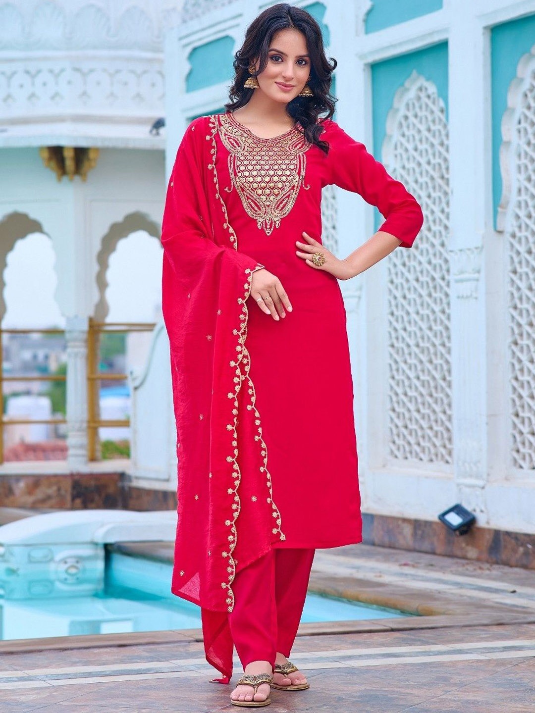 

TOOCHKI Women Embroidered Regular Sequinned Chanderi Silk Kurta with Trousers & With Dupatta, Pink