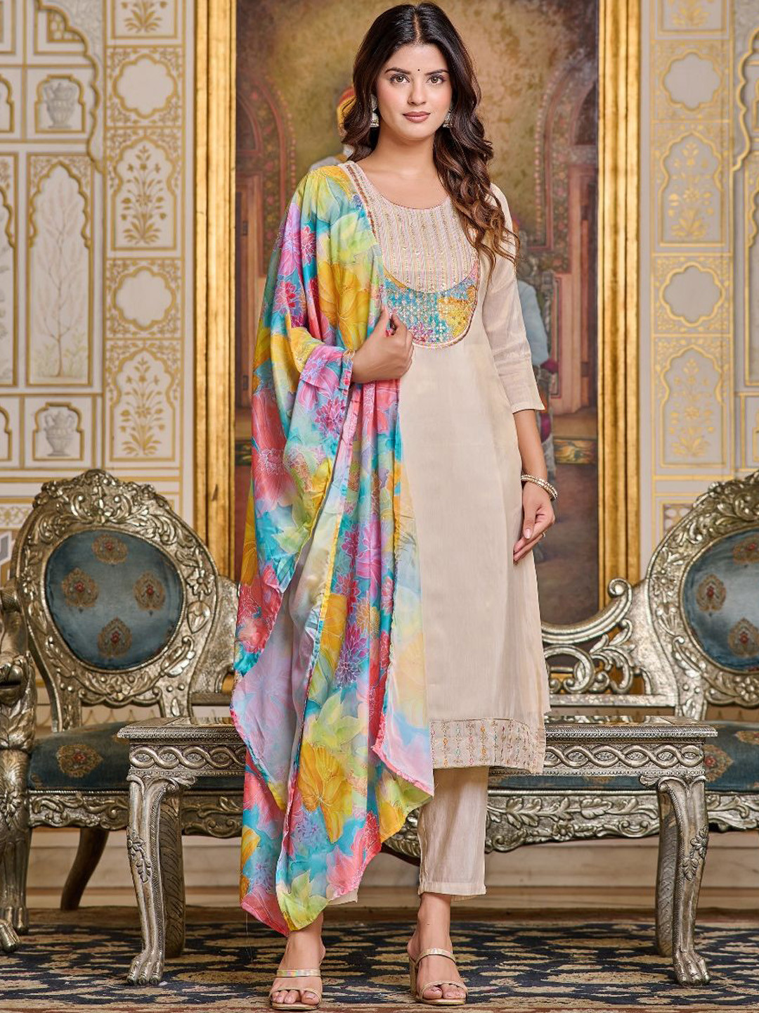 

TOOCHKI Women Ethnic Motifs Embroidered Regular Thread Work Pure Silk Kurta with Palazzos & With Dupatta, Cream