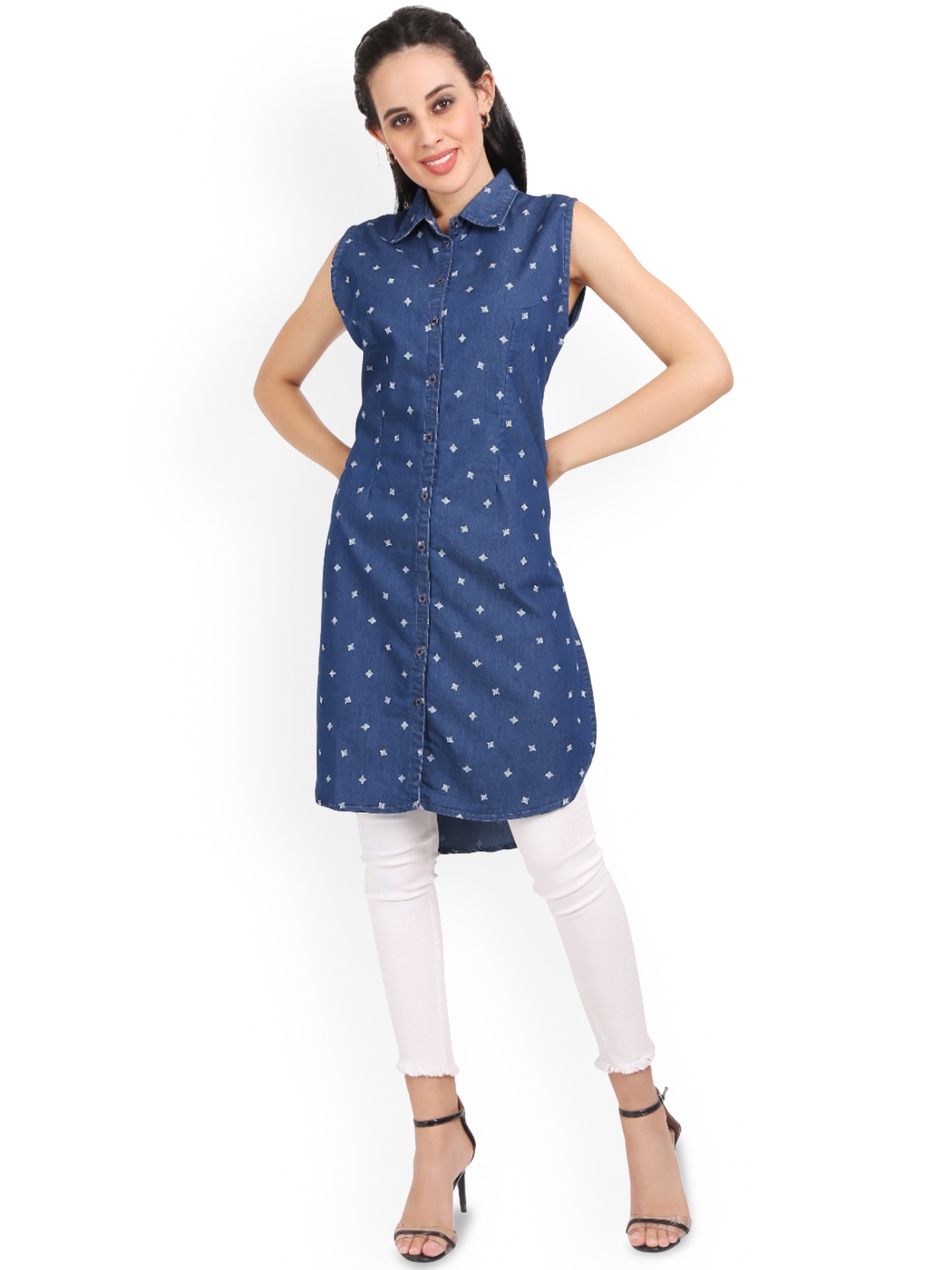 

CEFALU Women Geometric Printed Denim Kurta, Blue