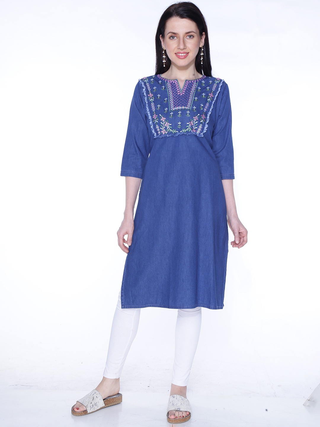 

CEFALU Women Floral Printed Patchwork Denim Kurta, Blue
