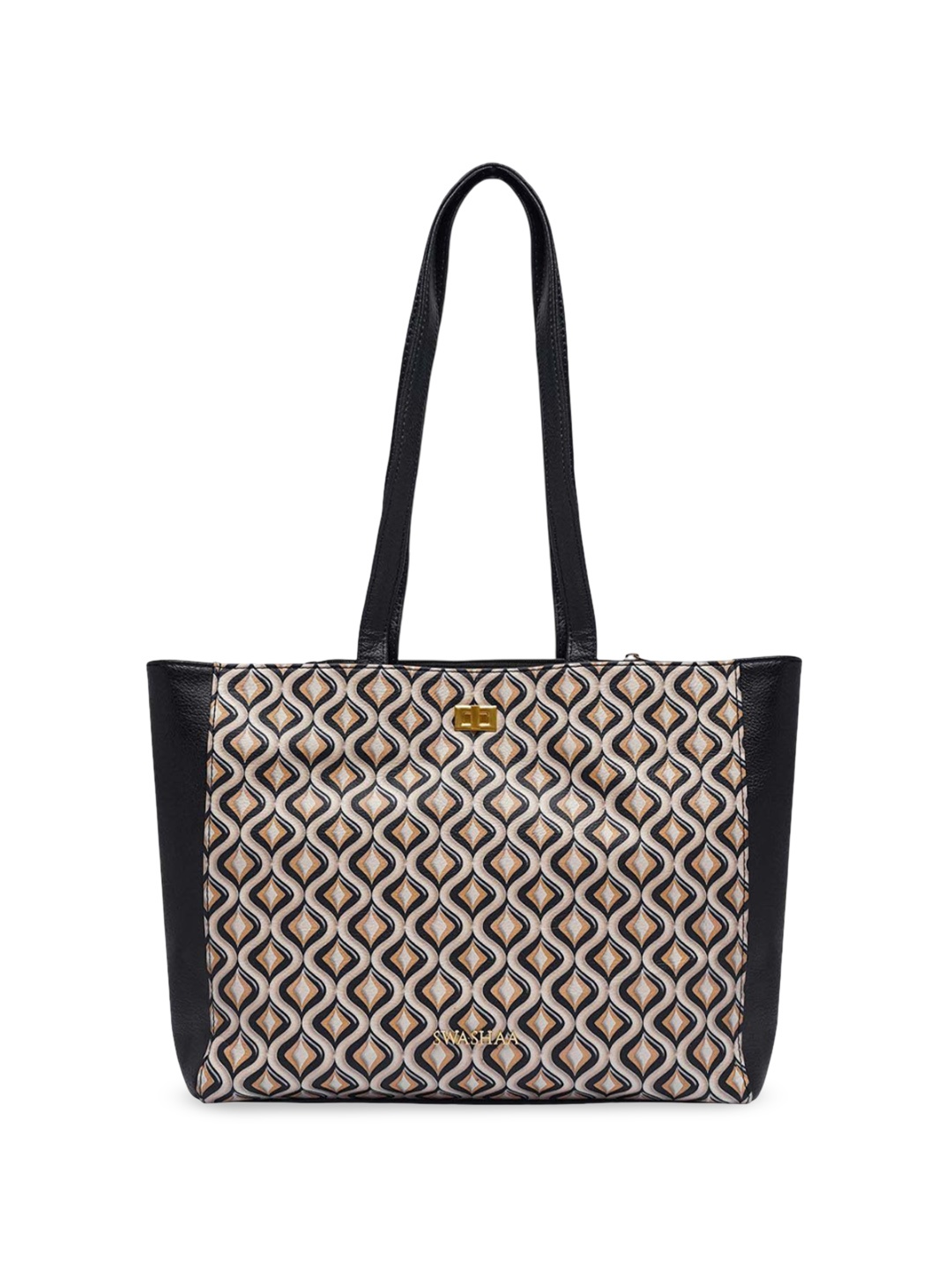

SWASHAA Geometric Printed Leather Structured Tote Bag, Black