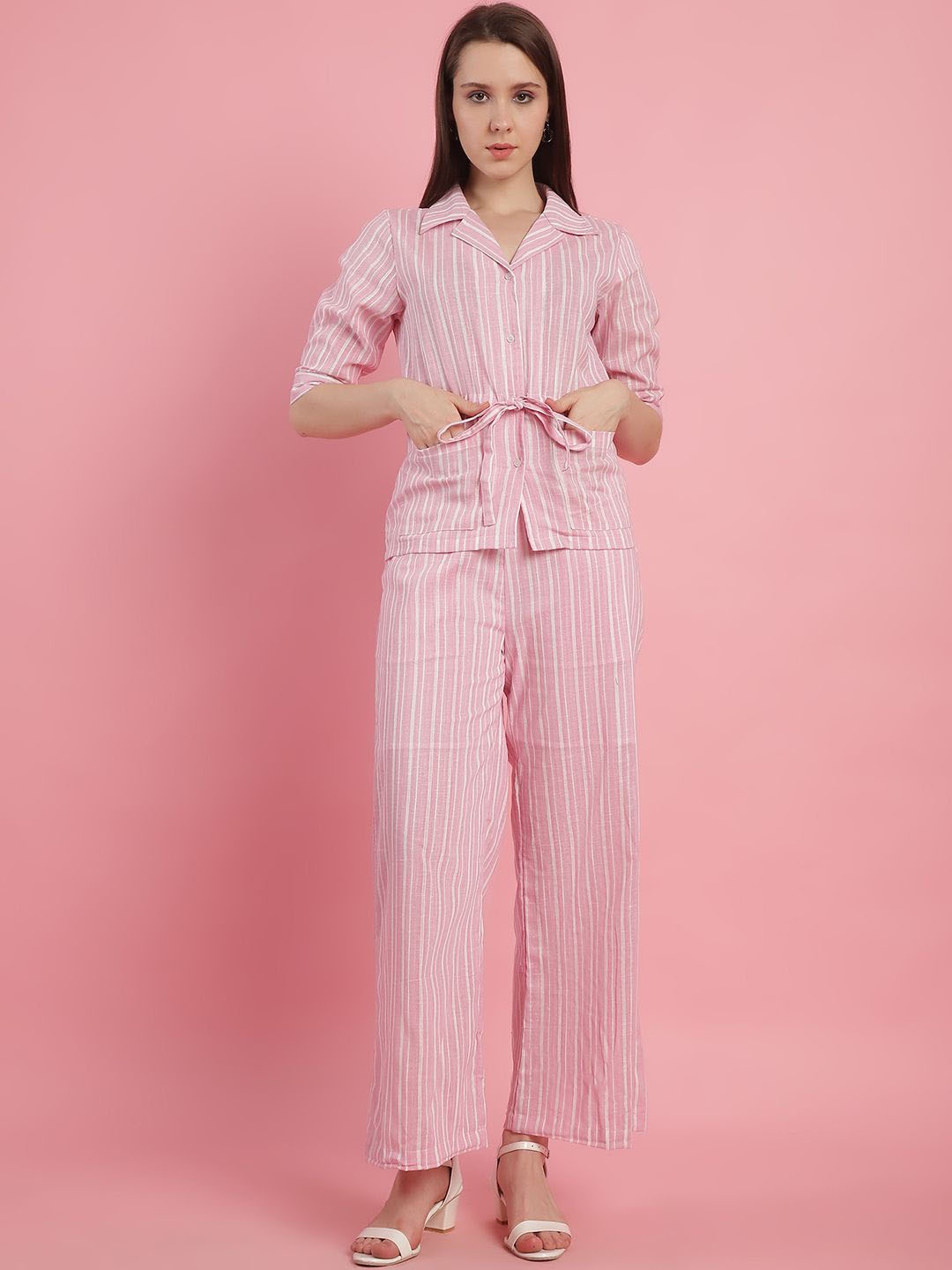 

JAKANARY Striped Pure Cotton Shirt With Trousers Co-Ords, Pink