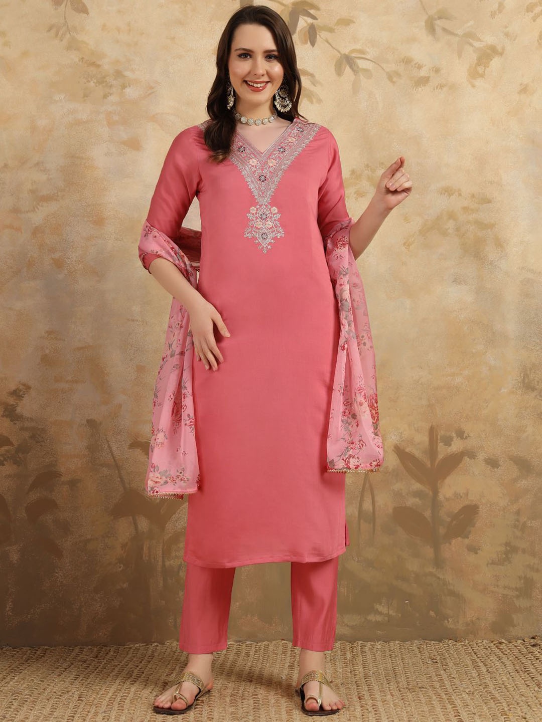 

TOOCHKI Women Embroidered Regular Sequinned Chanderi Silk Kurta with Trousers & With Dupatta, Peach