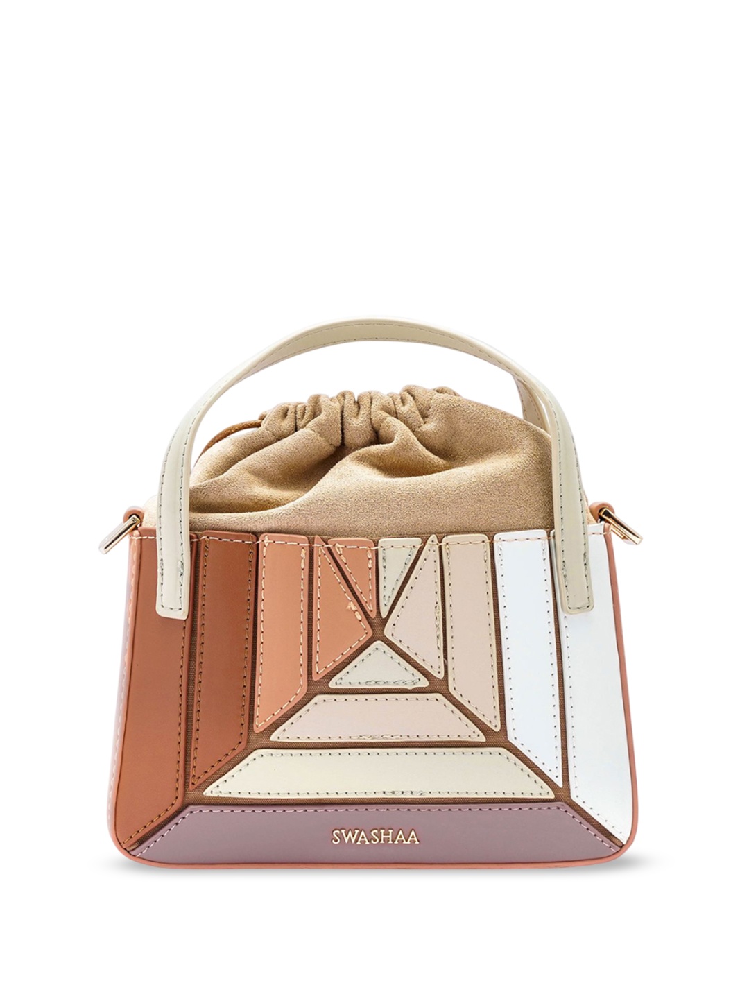 

SWASHAA Colourblocked Leather Structured Sling Bag, Beige