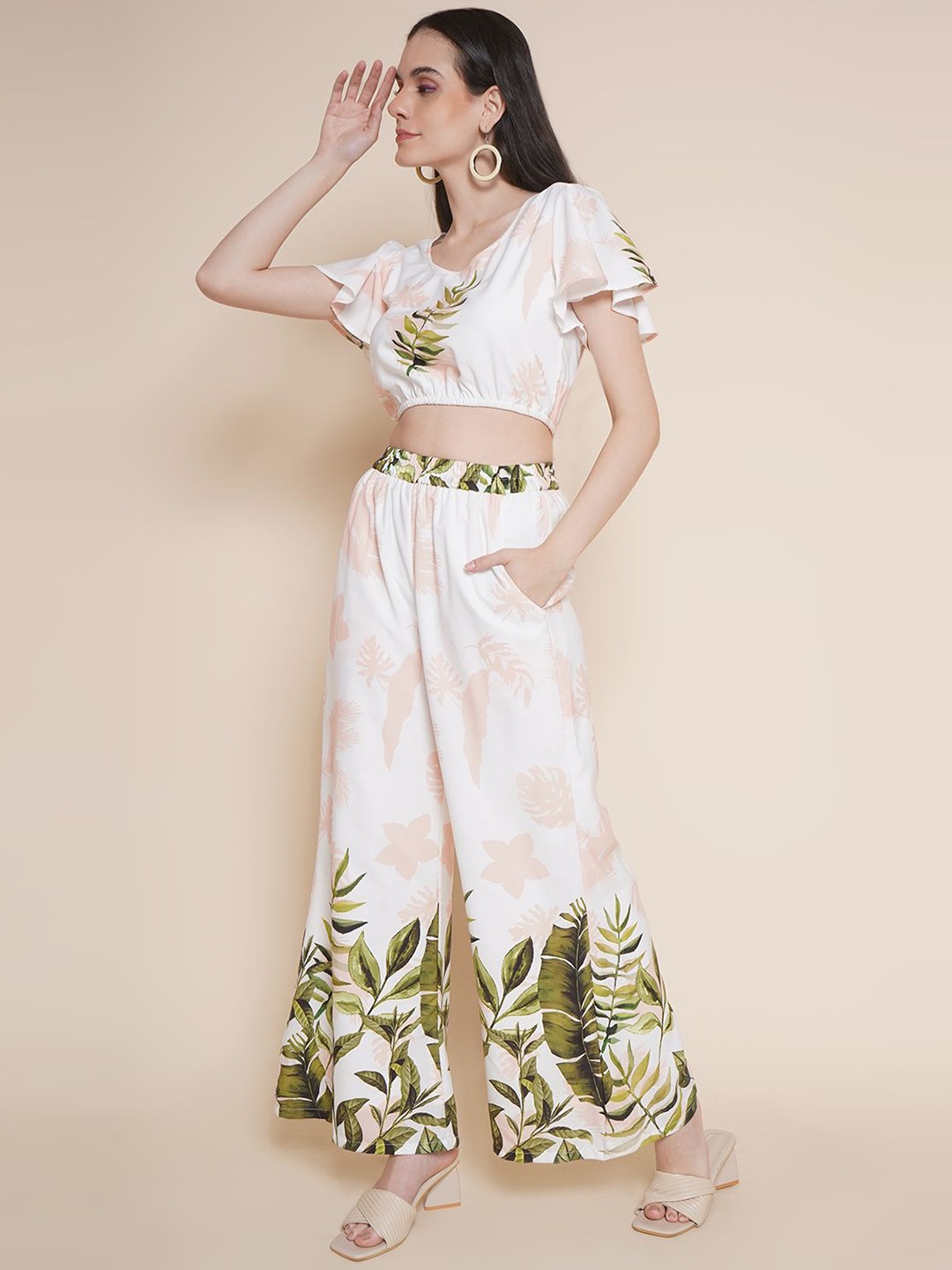 

JAKANARY Floral Printed Top With Palazzos Co-Ords, White