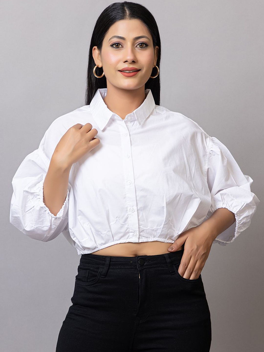 

PROBASIC Print Puff Sleeve Cotton Crop Top, White