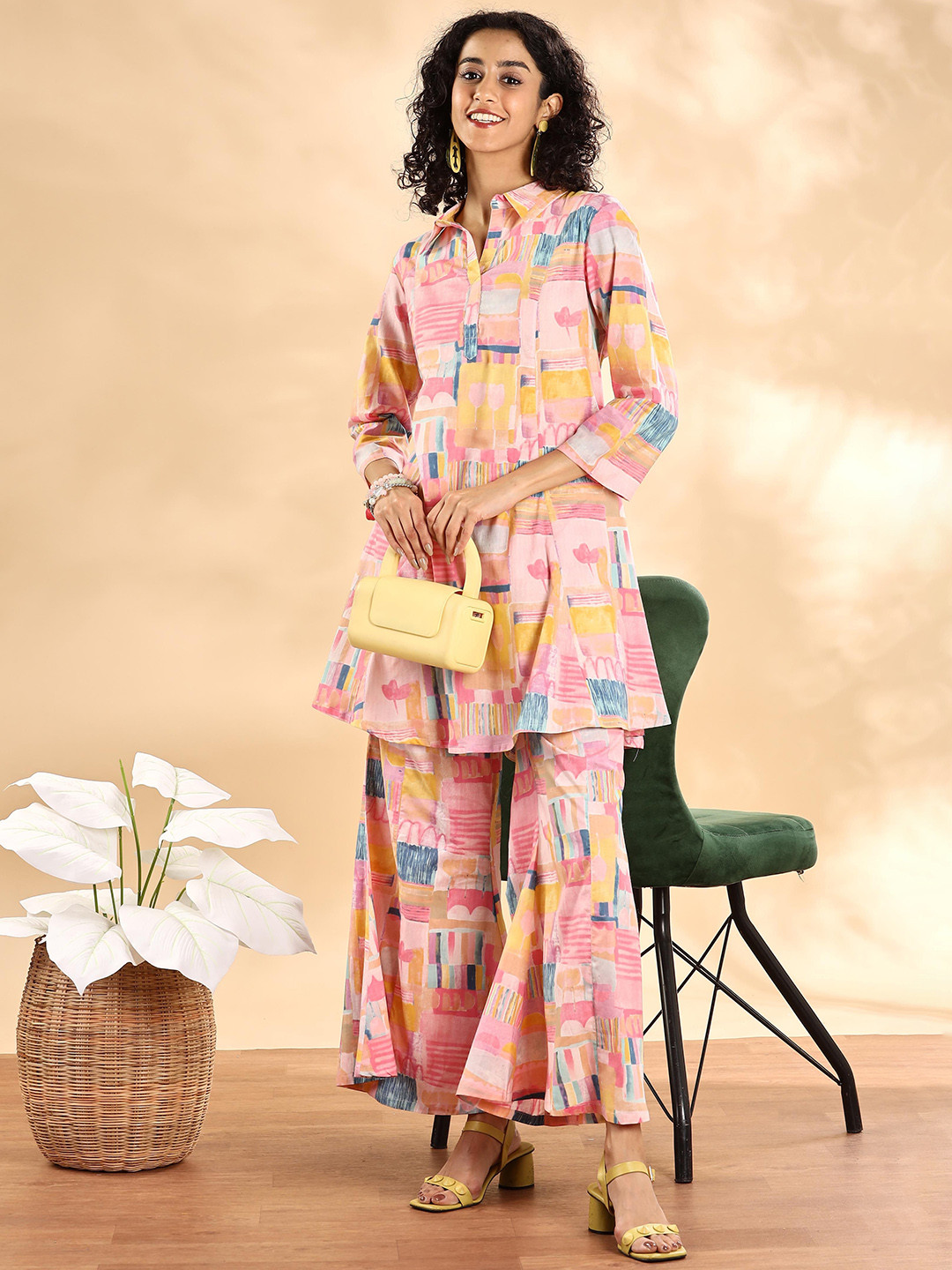 Anouk Printed Shirt Collar Pure Cotton Tunic With Palazzo