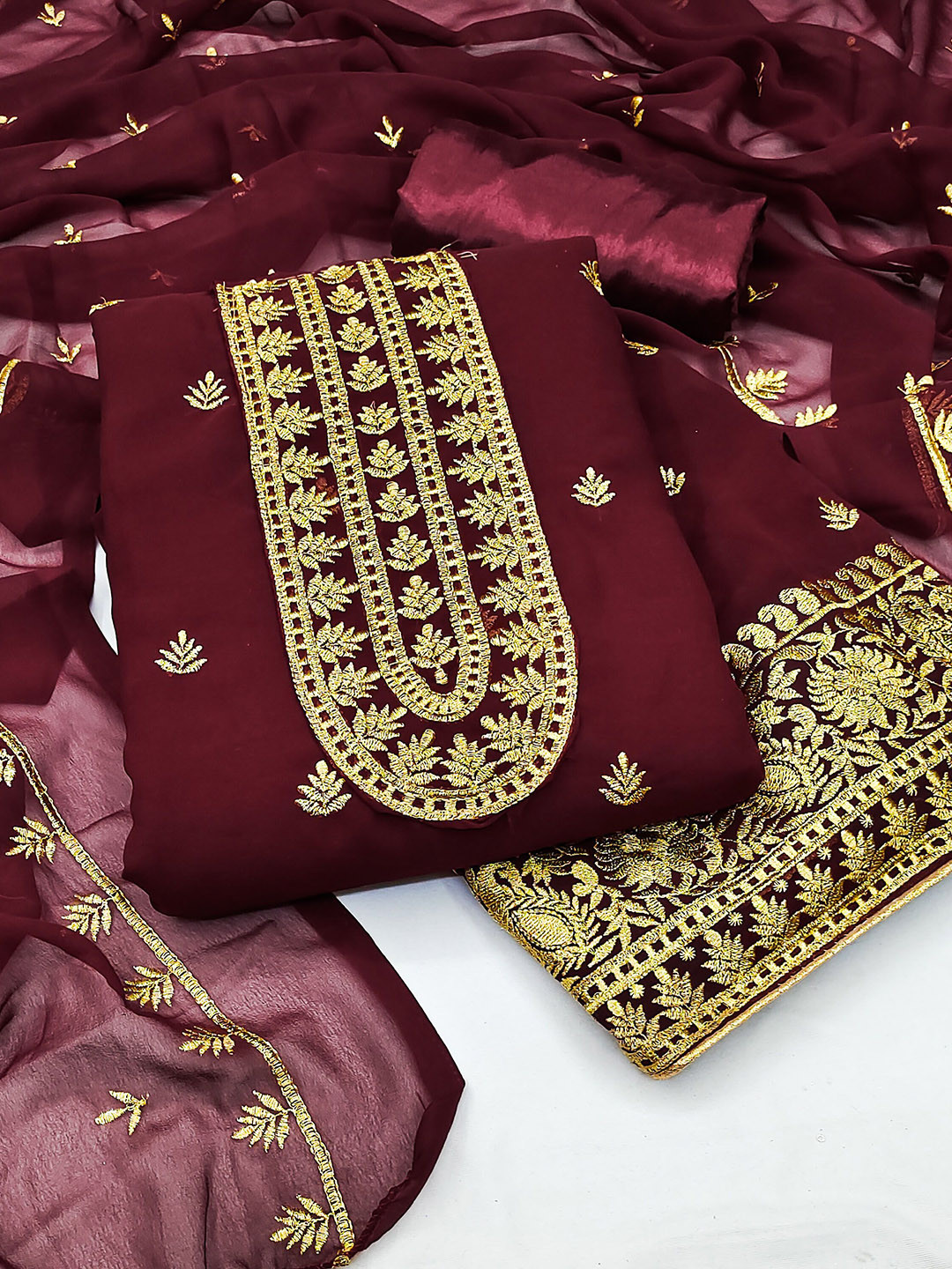 

HERE&NOW Embroidered Zari Work Georgette Unstitched Dress Material, Maroon