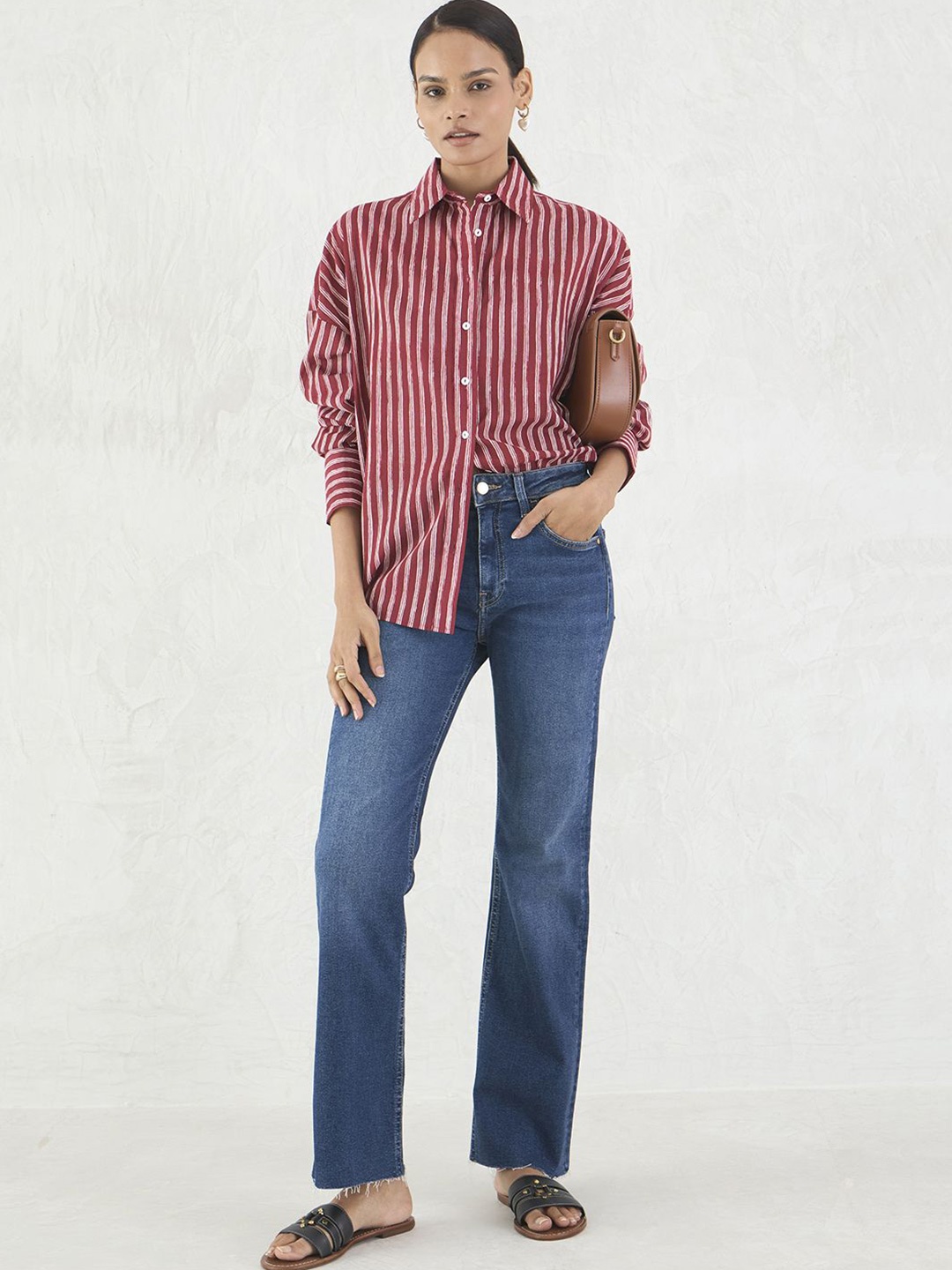 

FEMMELLA Women Vertical Stripes Cotton Shirts, Red