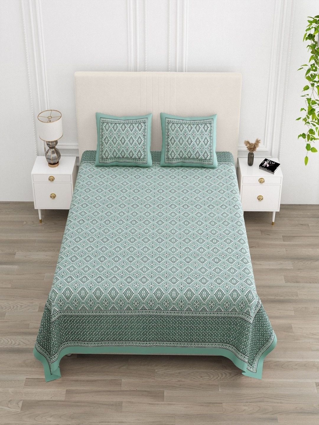 

tundwal's Marina Bay Green & White Floral 210 TC Cotton King Bedsheet Set